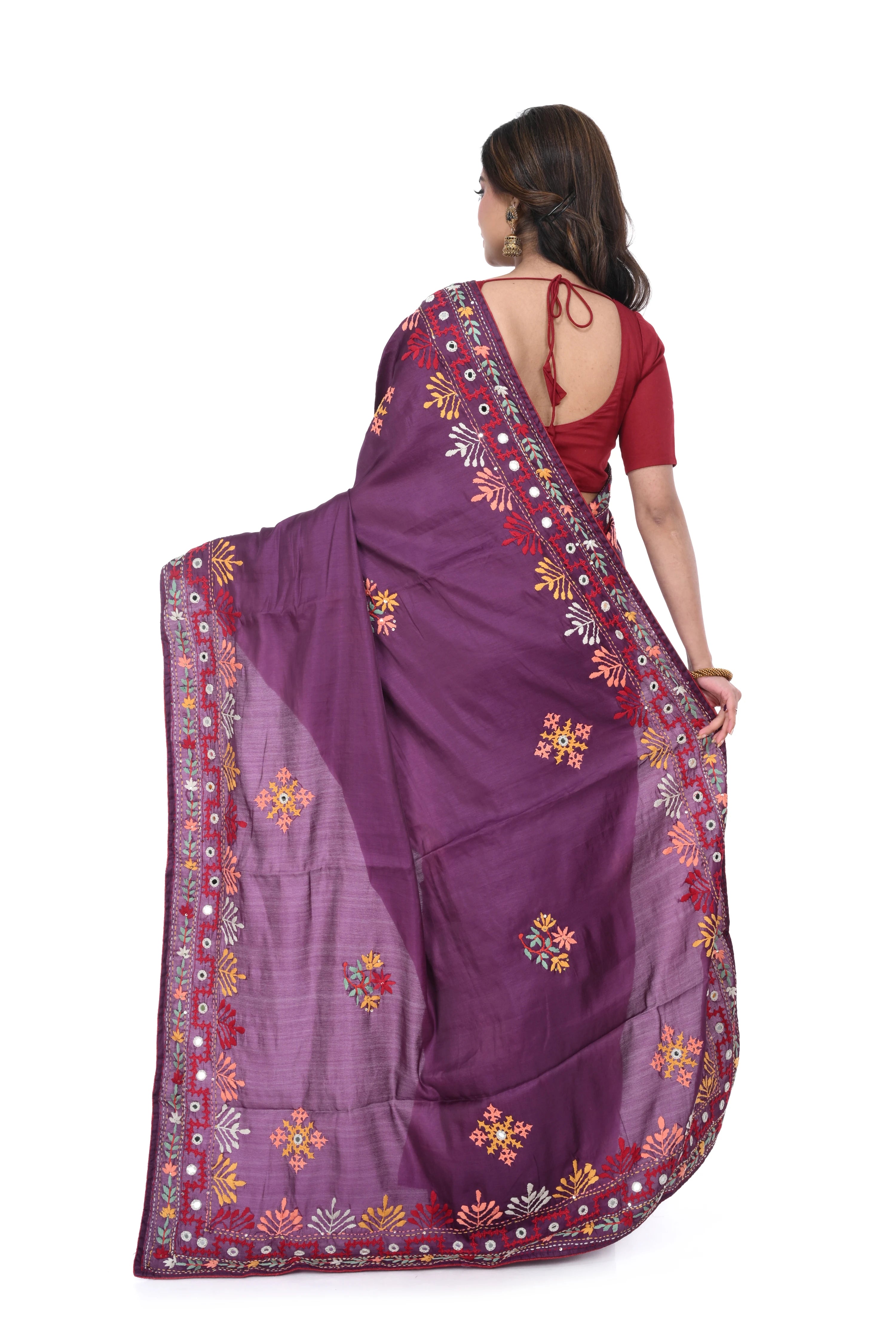 Wine Semi Tussar Saree with Distinctive Hand Work