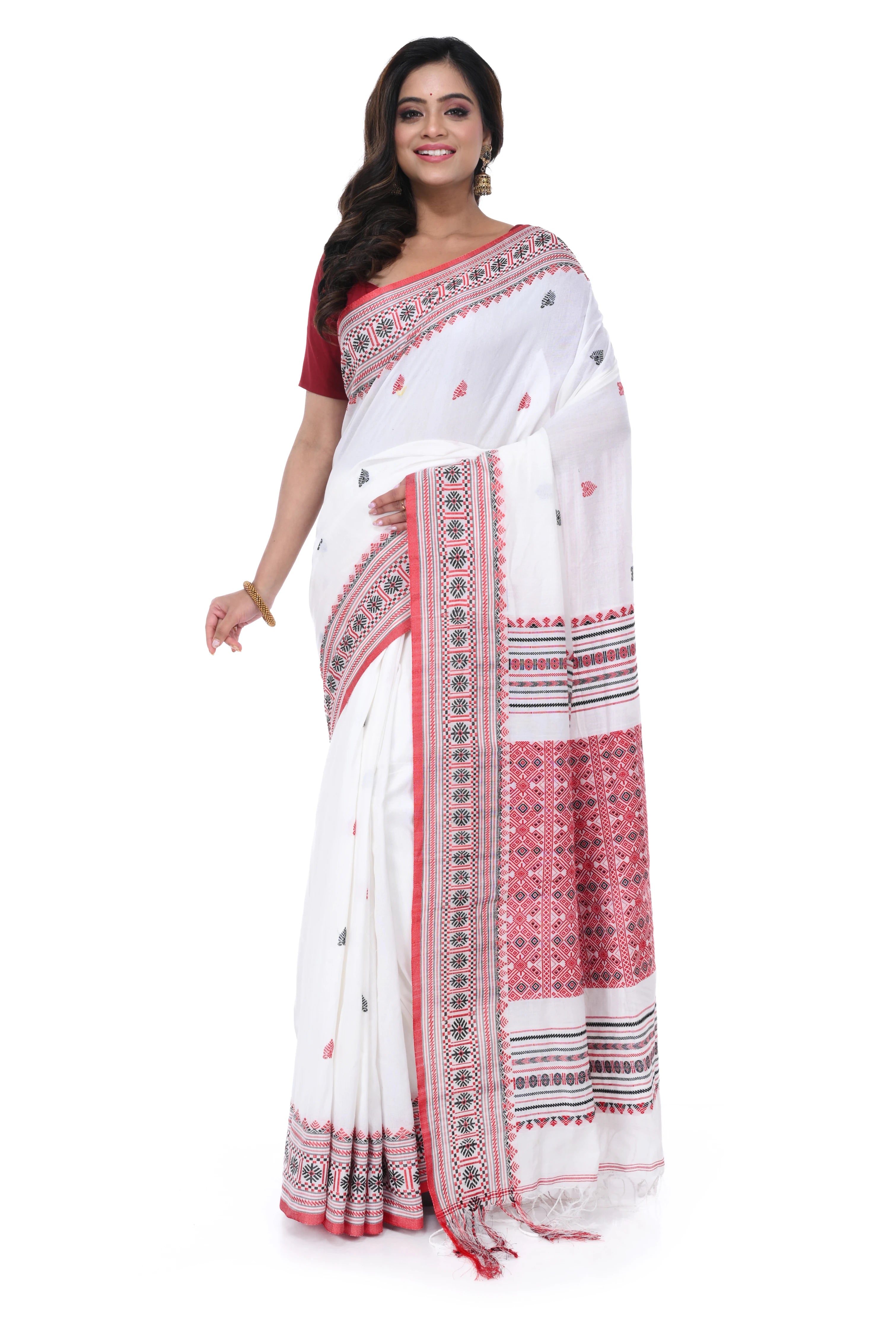 Red & White Cotton Handloom Saree with Red Pallu