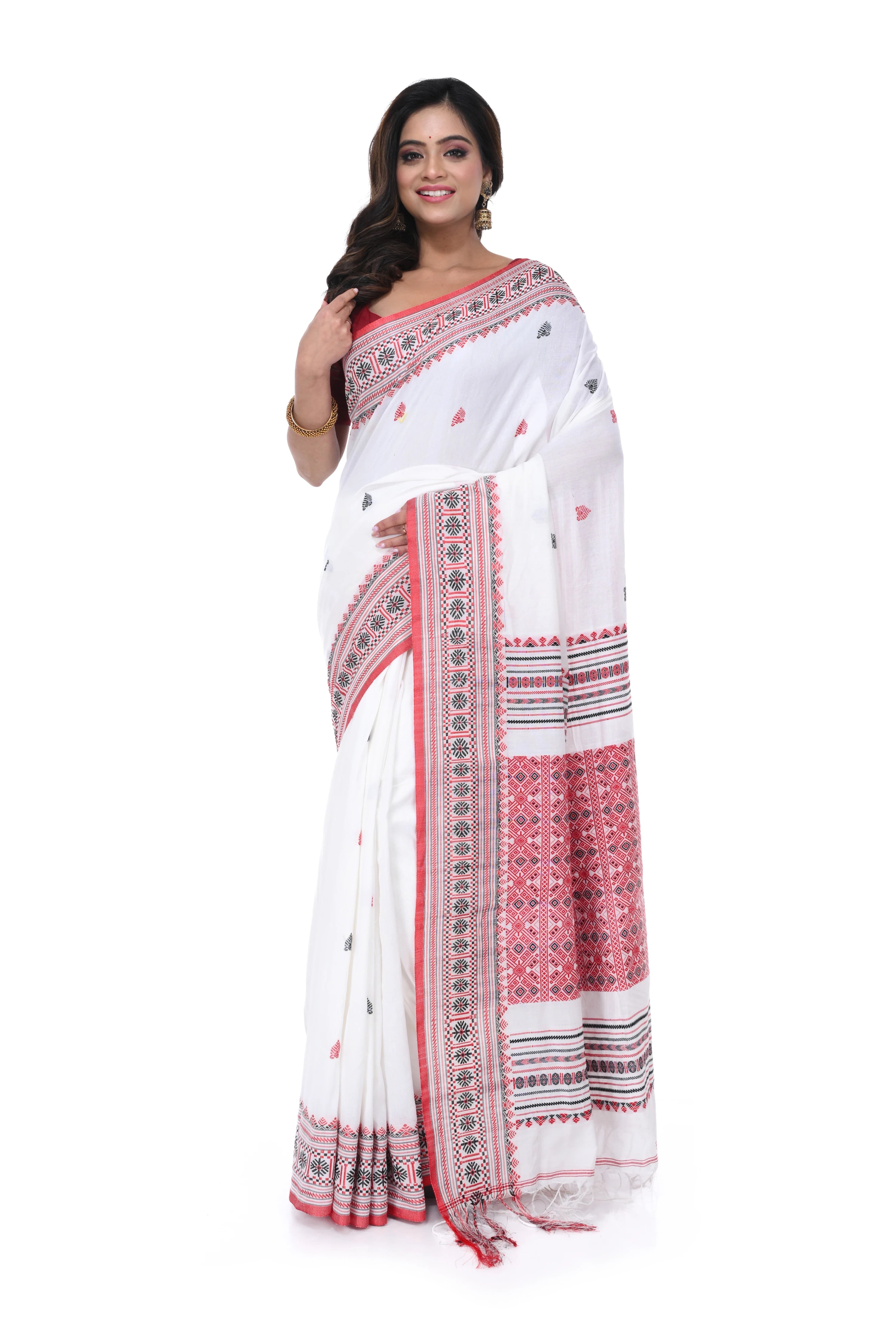 Red & White Cotton Handloom Saree with Red Pallu