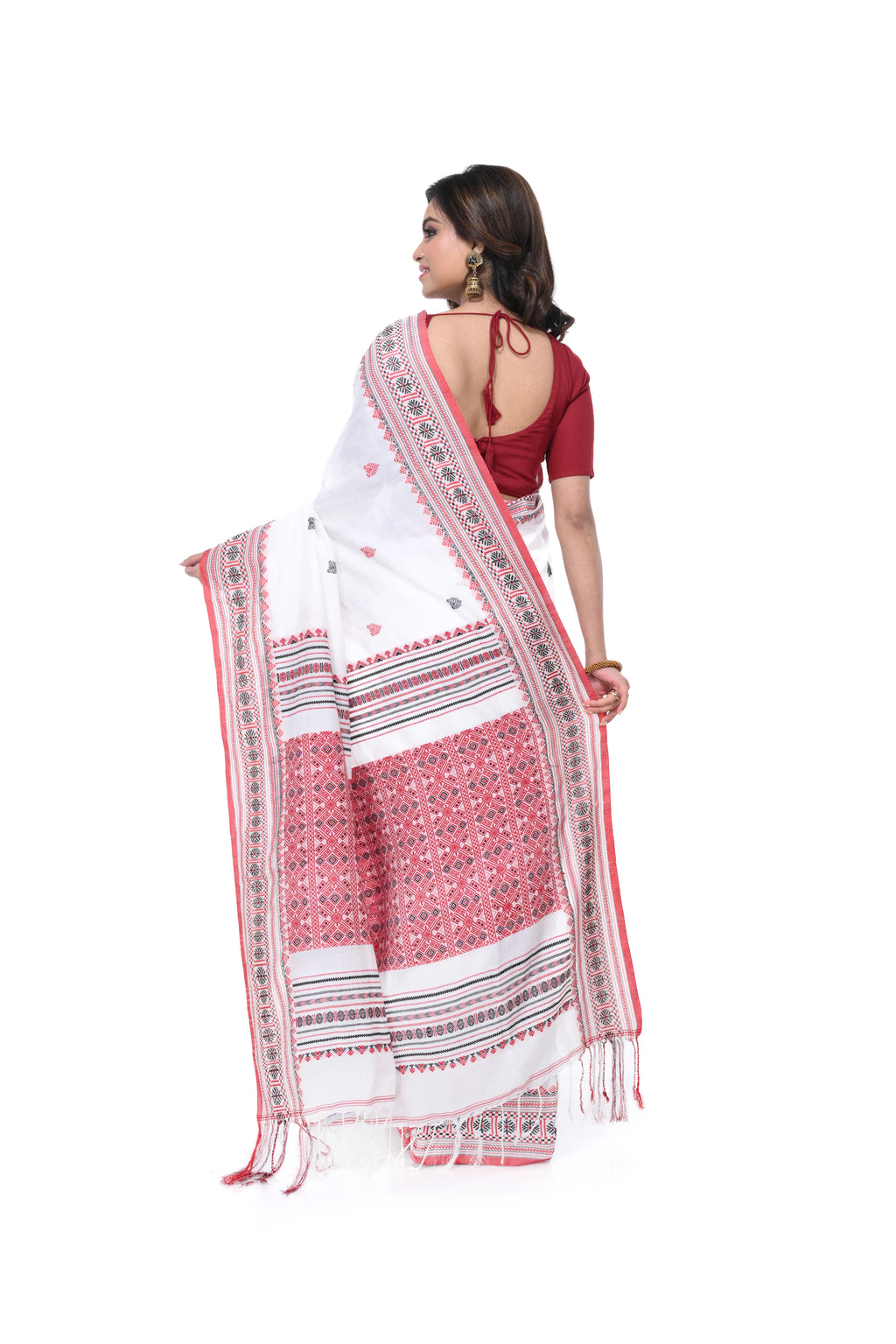 Red & White Cotton Handloom Saree with Red Pallu