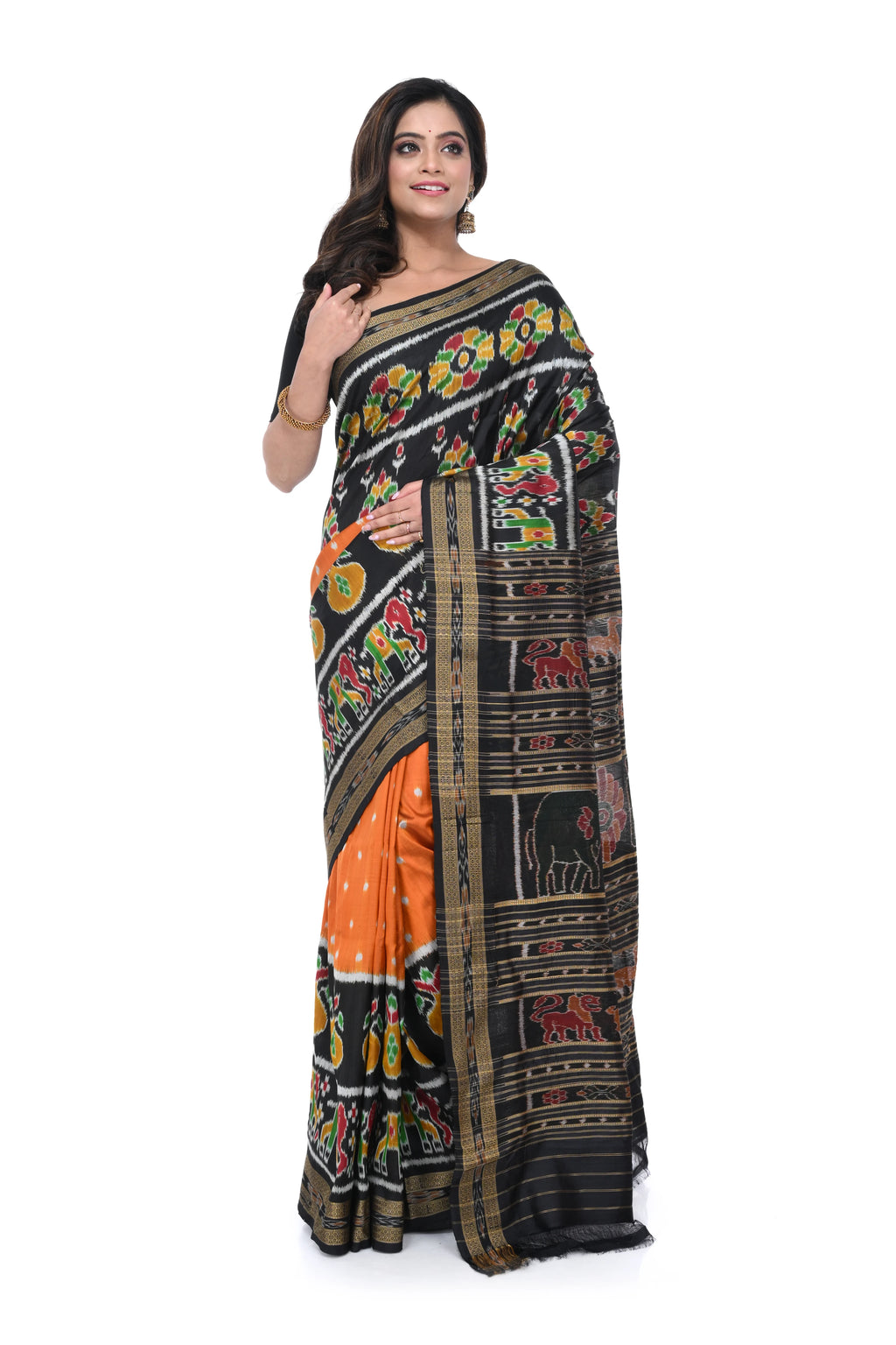 Black Khandua Silk Saree with Orange Base & Animal Motif Pallu