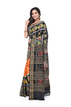 Black Khandua Silk Saree with Orange Base & Animal Motif Pallu