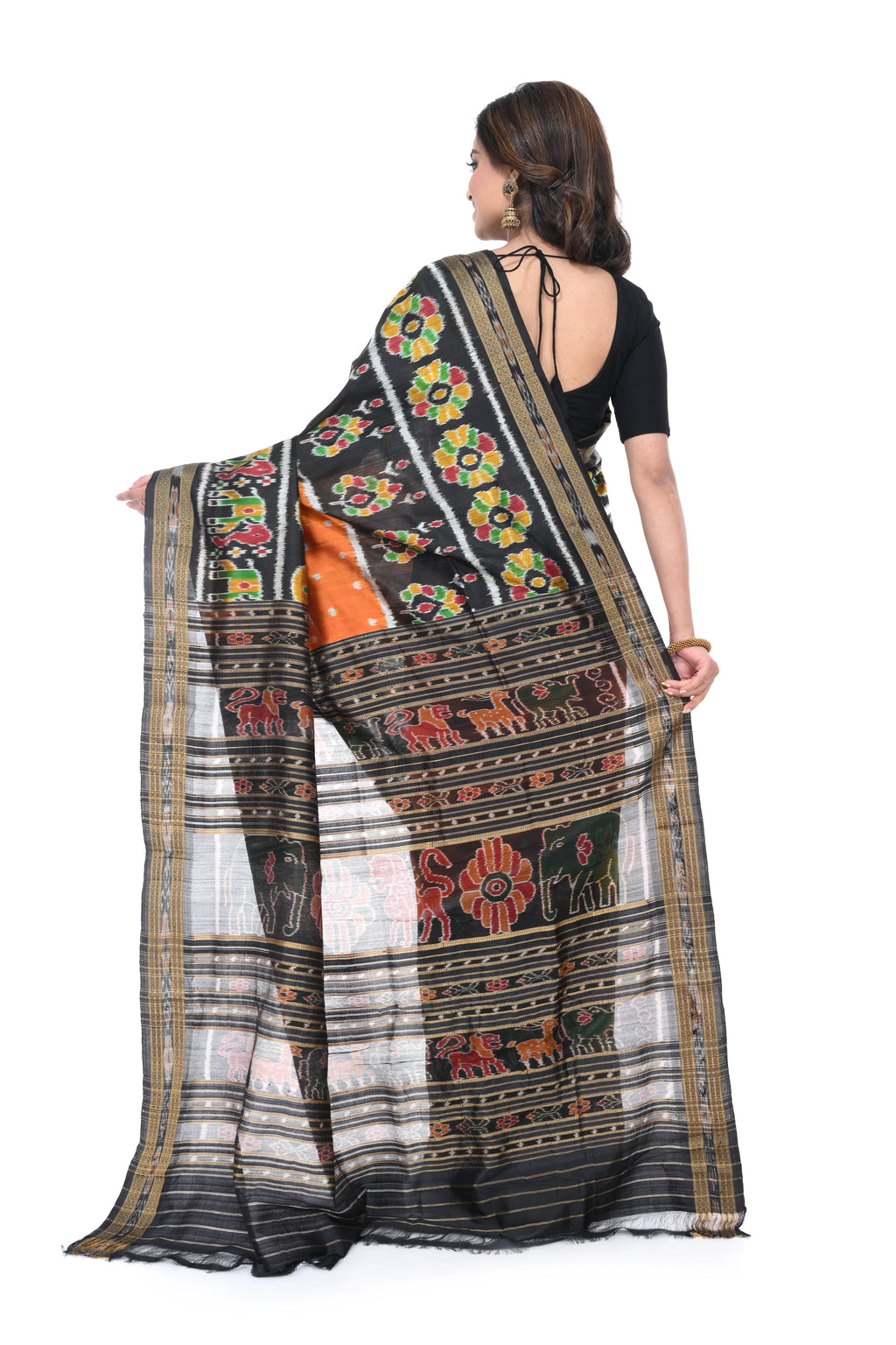 Black Khandua Silk Saree with Orange Base & Animal Motif Pallu