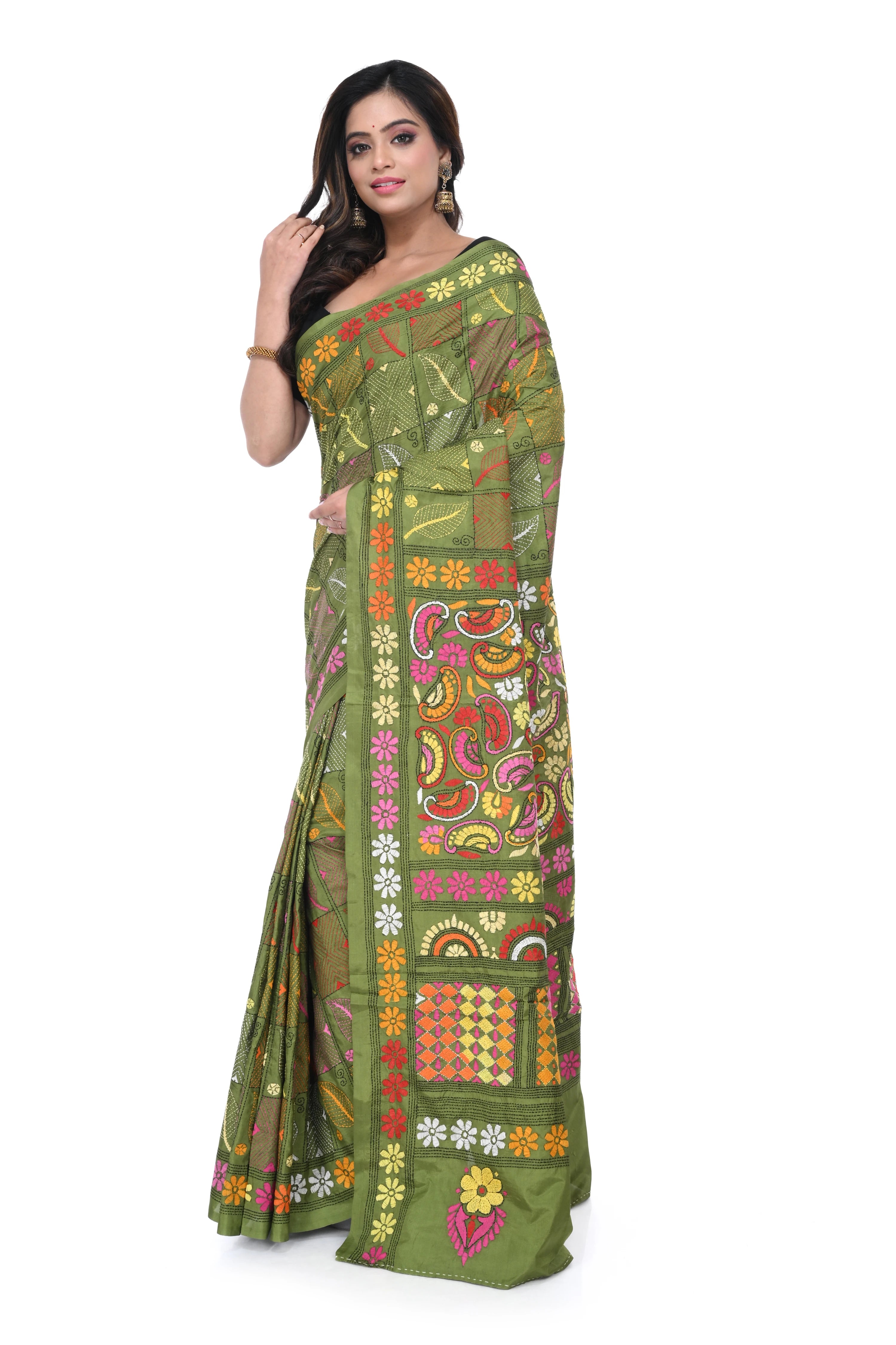 Bangalore Silk Saree with Pink - Yellow Kantha Work