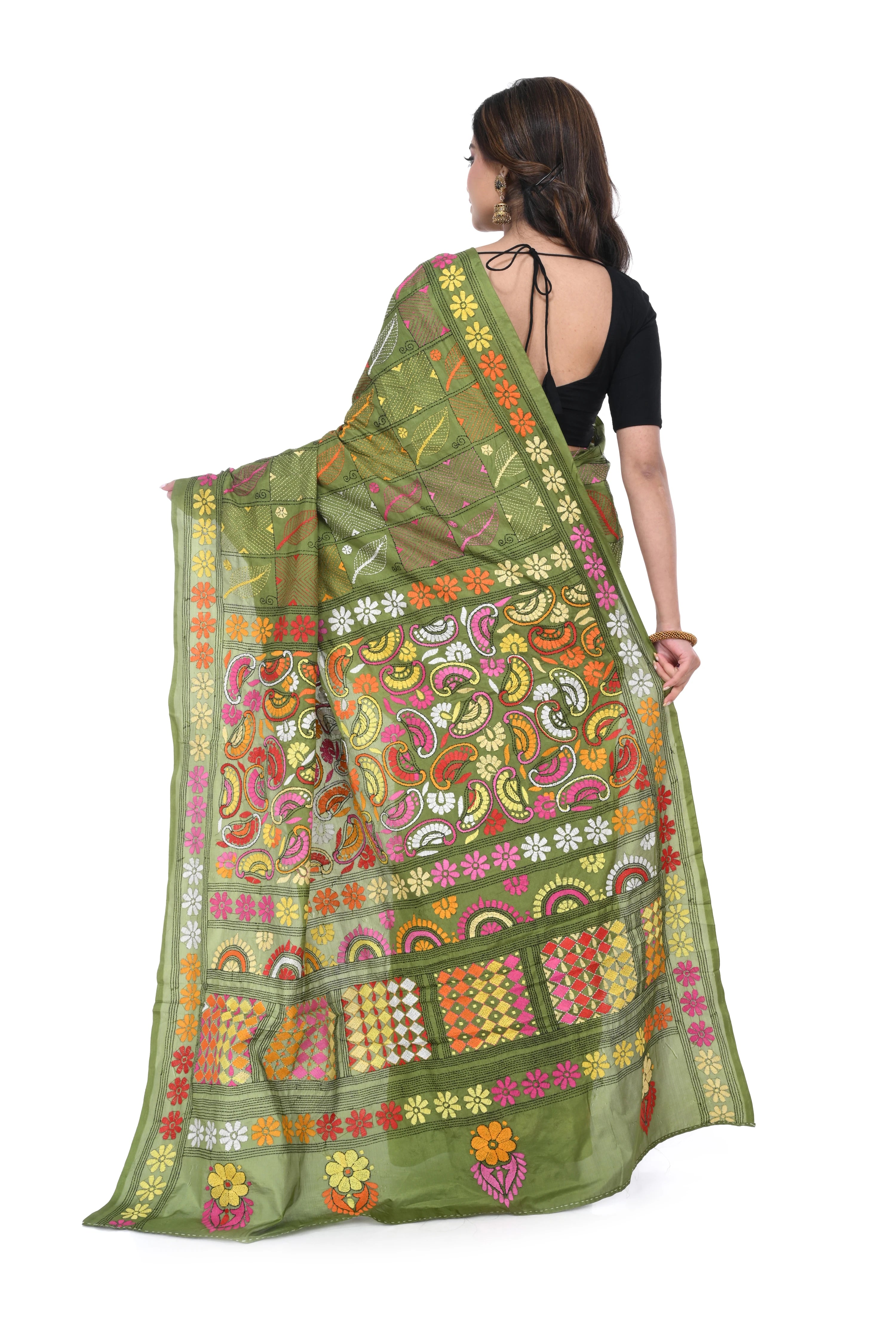 Bangalore Silk Saree with Pink - Yellow Kantha Work