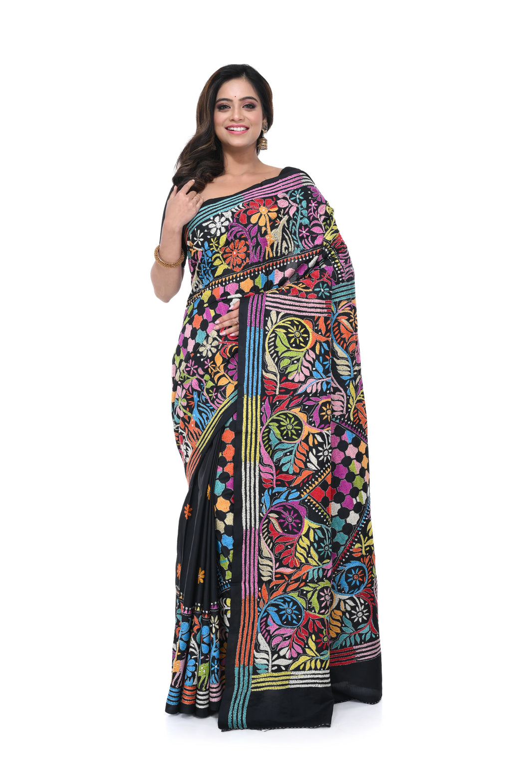 Black Pure Silk Kantha Saree with Multicolour Thread Work