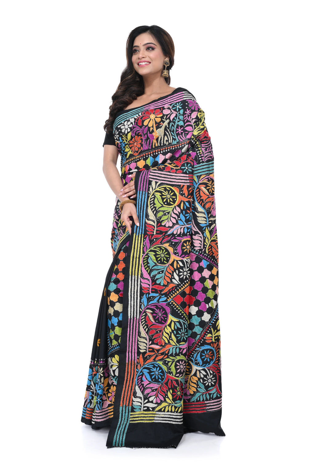 Black Pure Silk Kantha Saree with Multicolour Thread Work