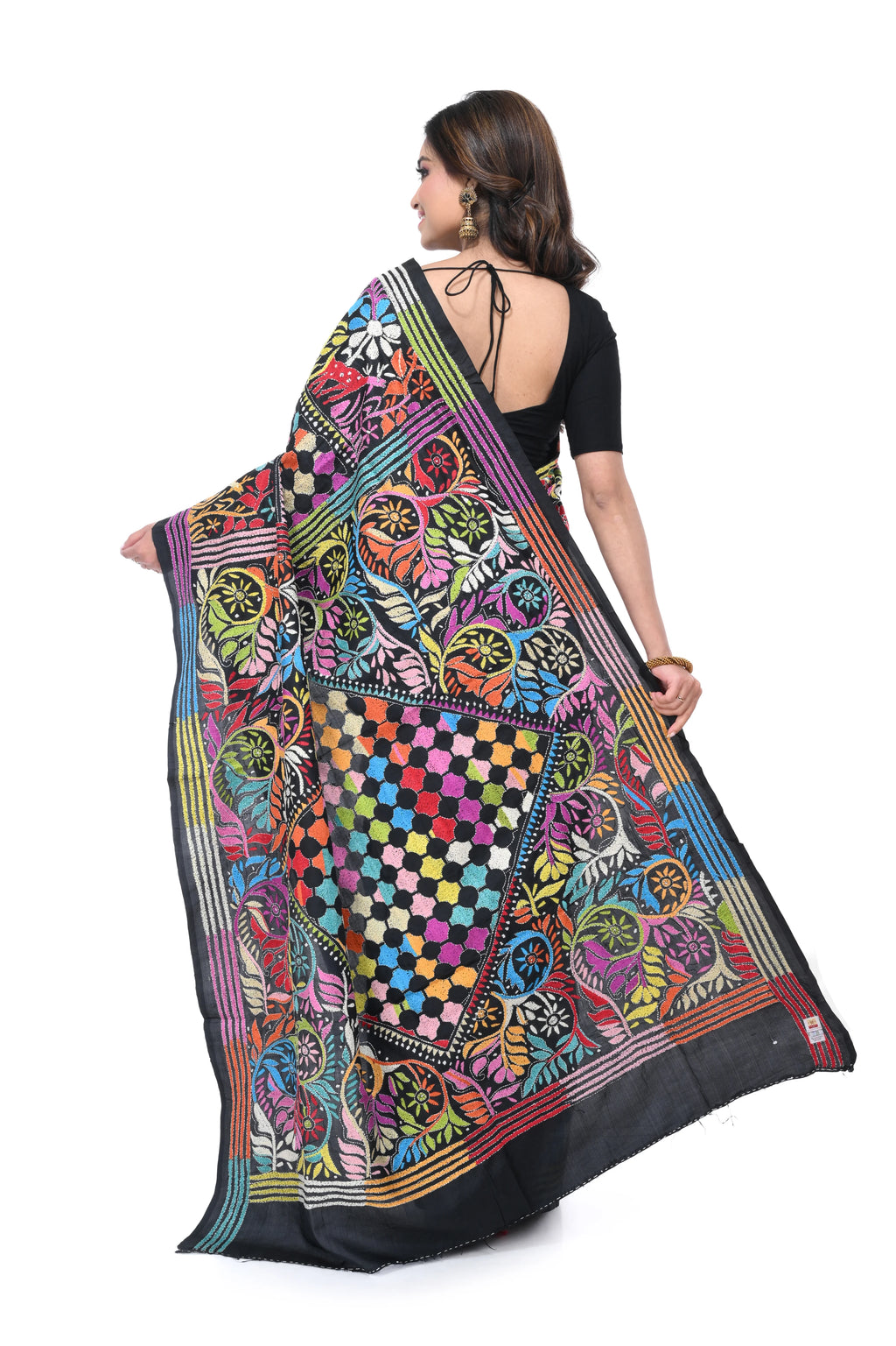 Black Pure Silk Kantha Saree with Multicolour Thread Work