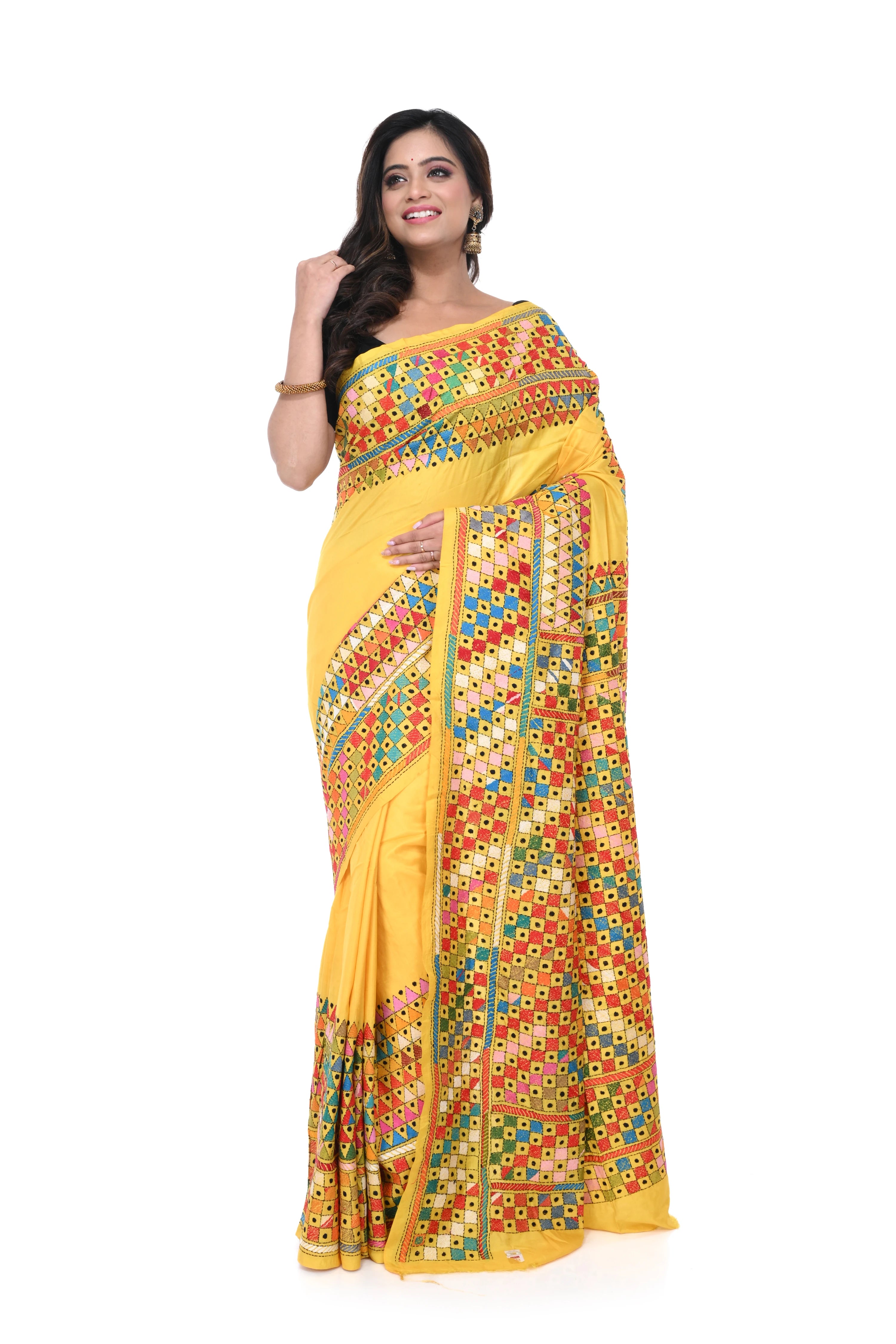 Yellow Pure Silk Saree with Geometric Motif Work