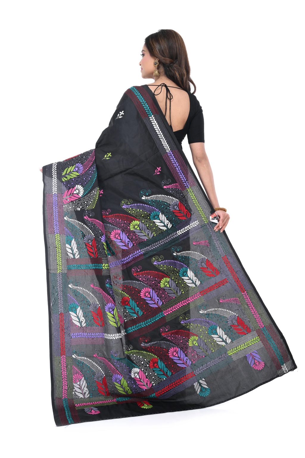 Black Semi Bangalore Silk Saree with Multicolour Thread Work