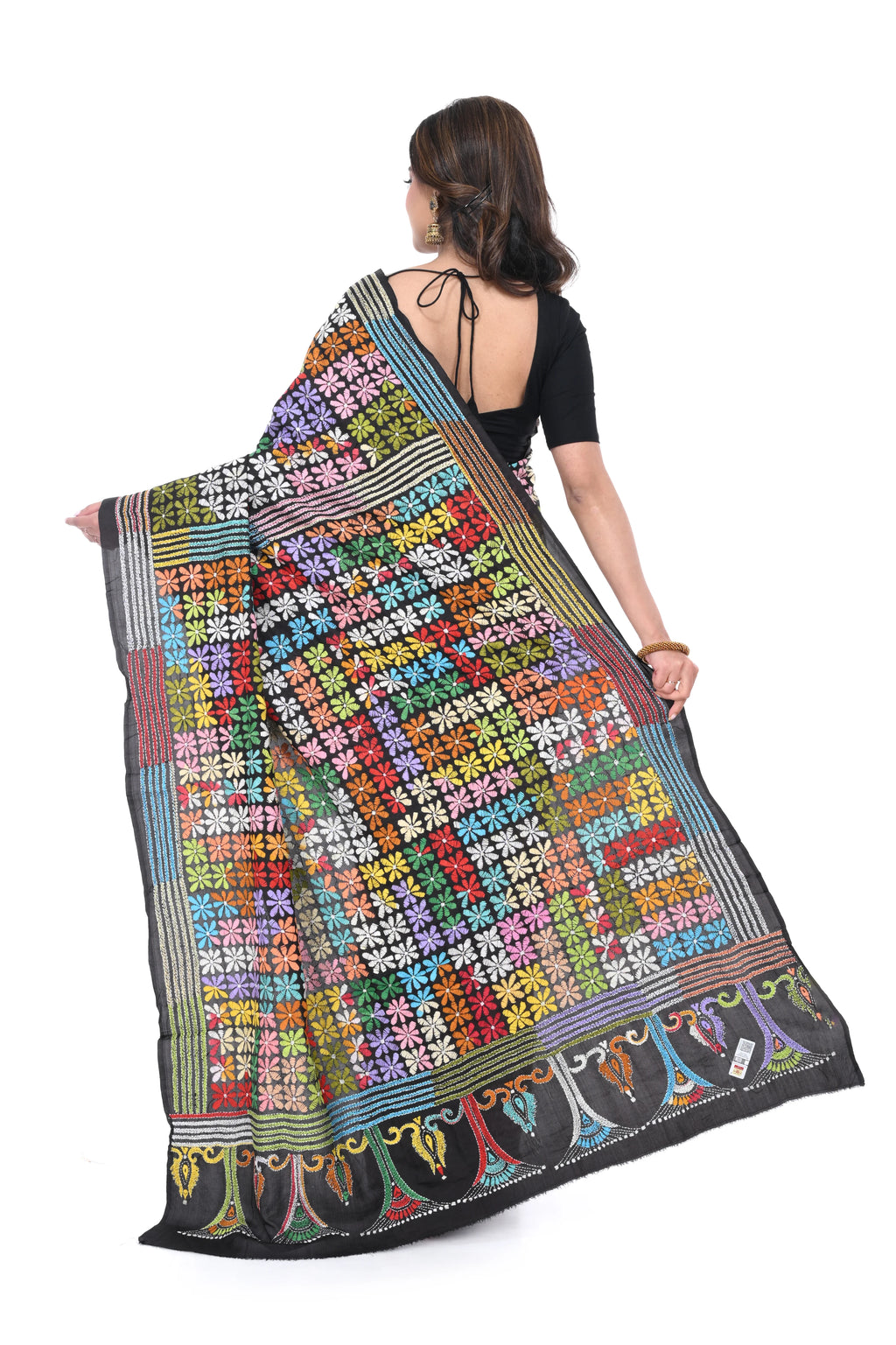 Pure Bangalore Silk Kantha Saree with Crack Batik Base