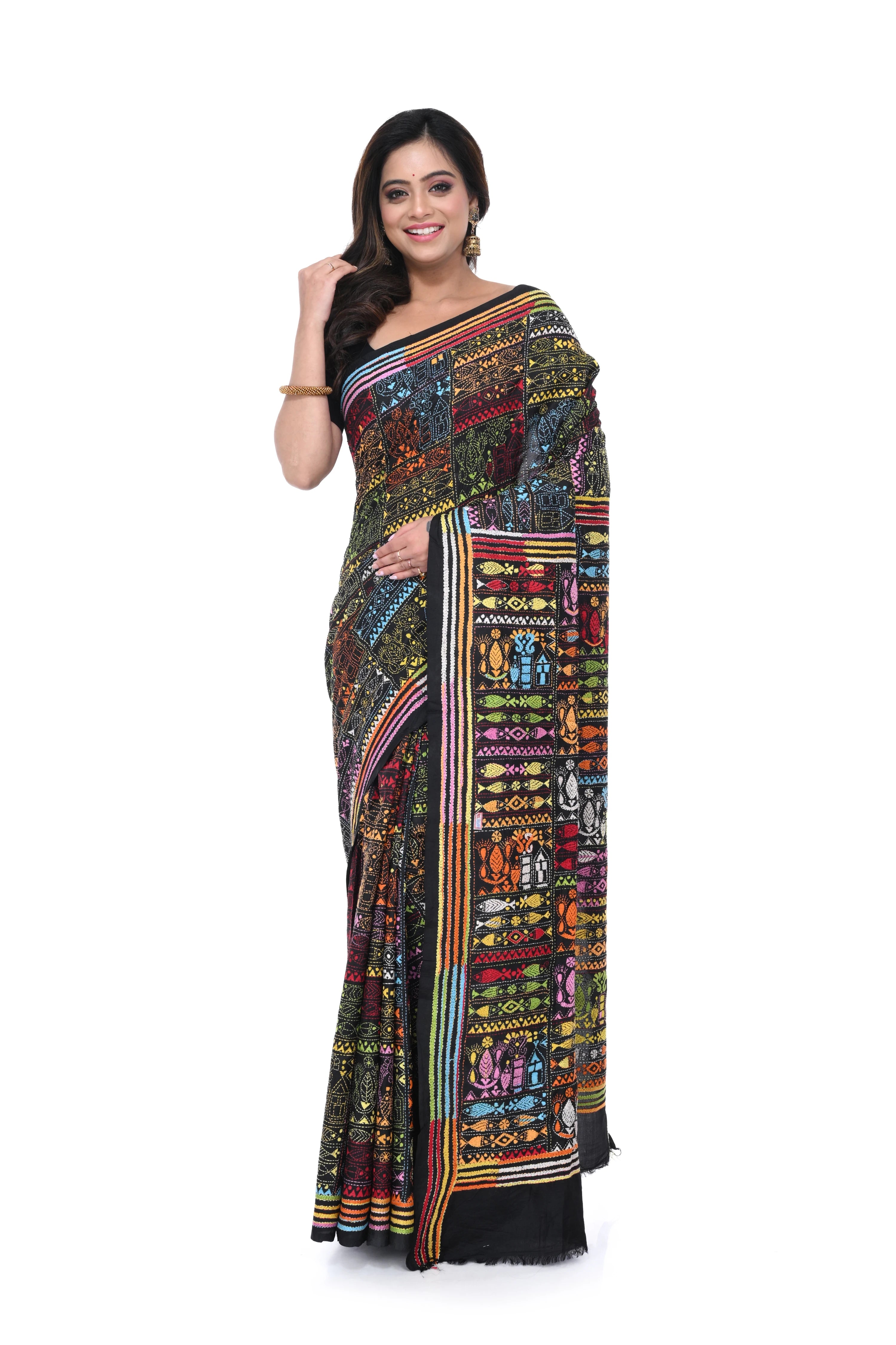 Black Pure Silk Kantha Saree with Warli Work