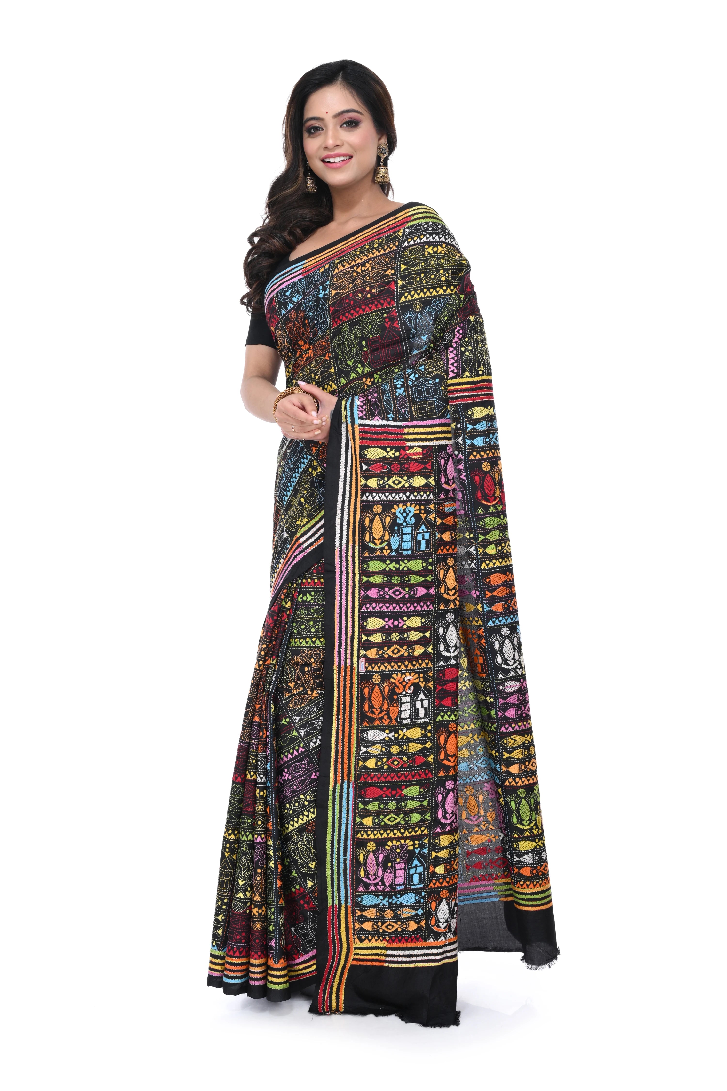 Black Pure Silk Kantha Saree with Warli Work