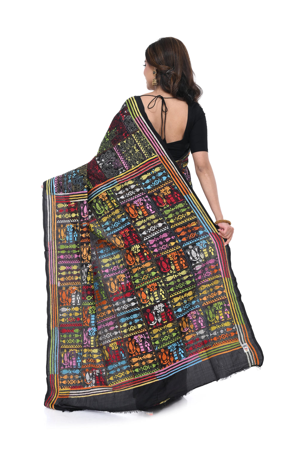 Black Pure Silk Kantha Saree with Warli Work