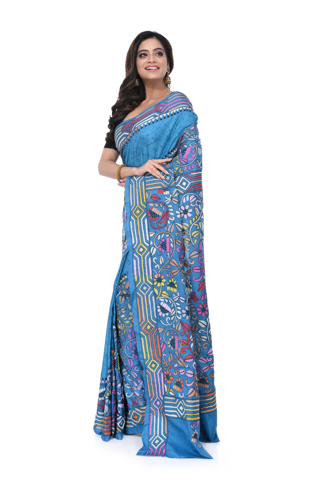 Black Semi Bangalore Silk Saree with Kantha Allover Work