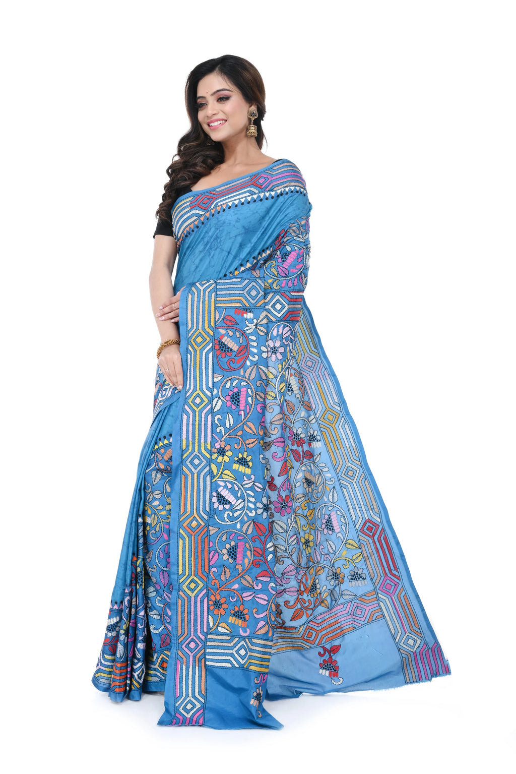 Black Semi Bangalore Silk Saree with Kantha Allover Work