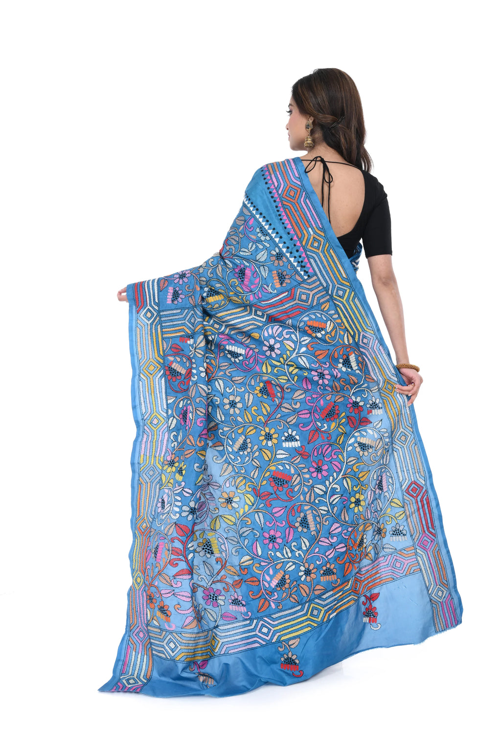 Black Semi Bangalore Silk Saree with Kantha Allover Work