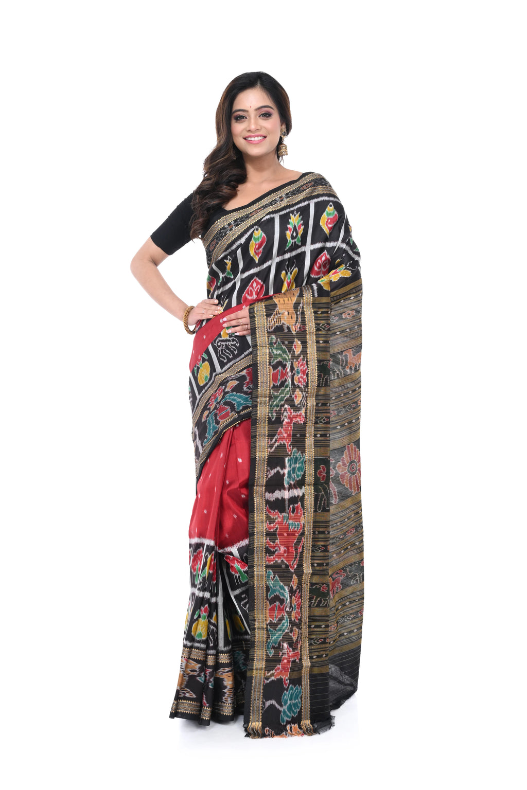 Pure Khandua Silk Saree in Red - Black Combination with Animal Motif Border