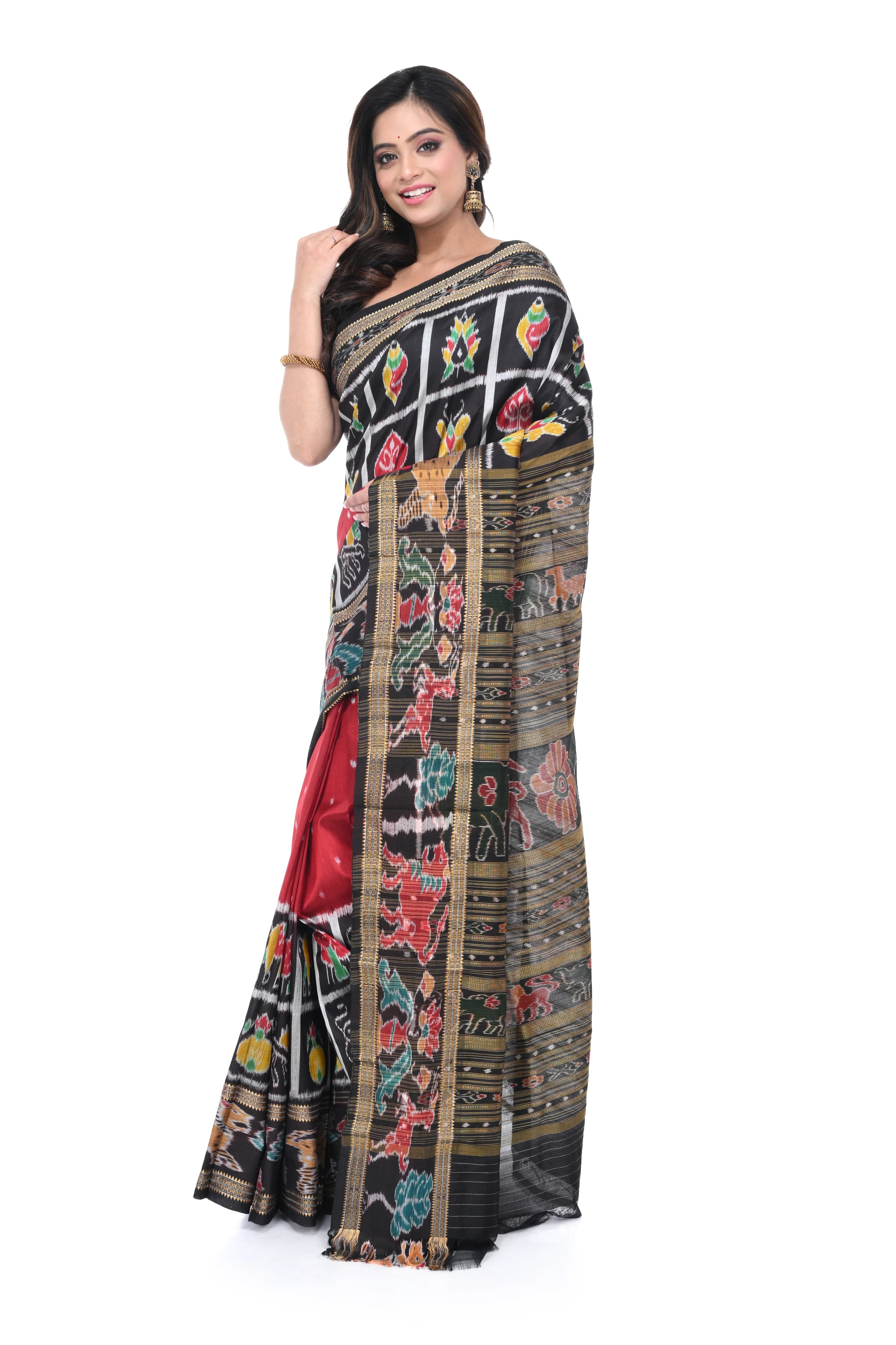 Pure Khandua Silk Saree in Red - Black Combination with Animal Motif Border