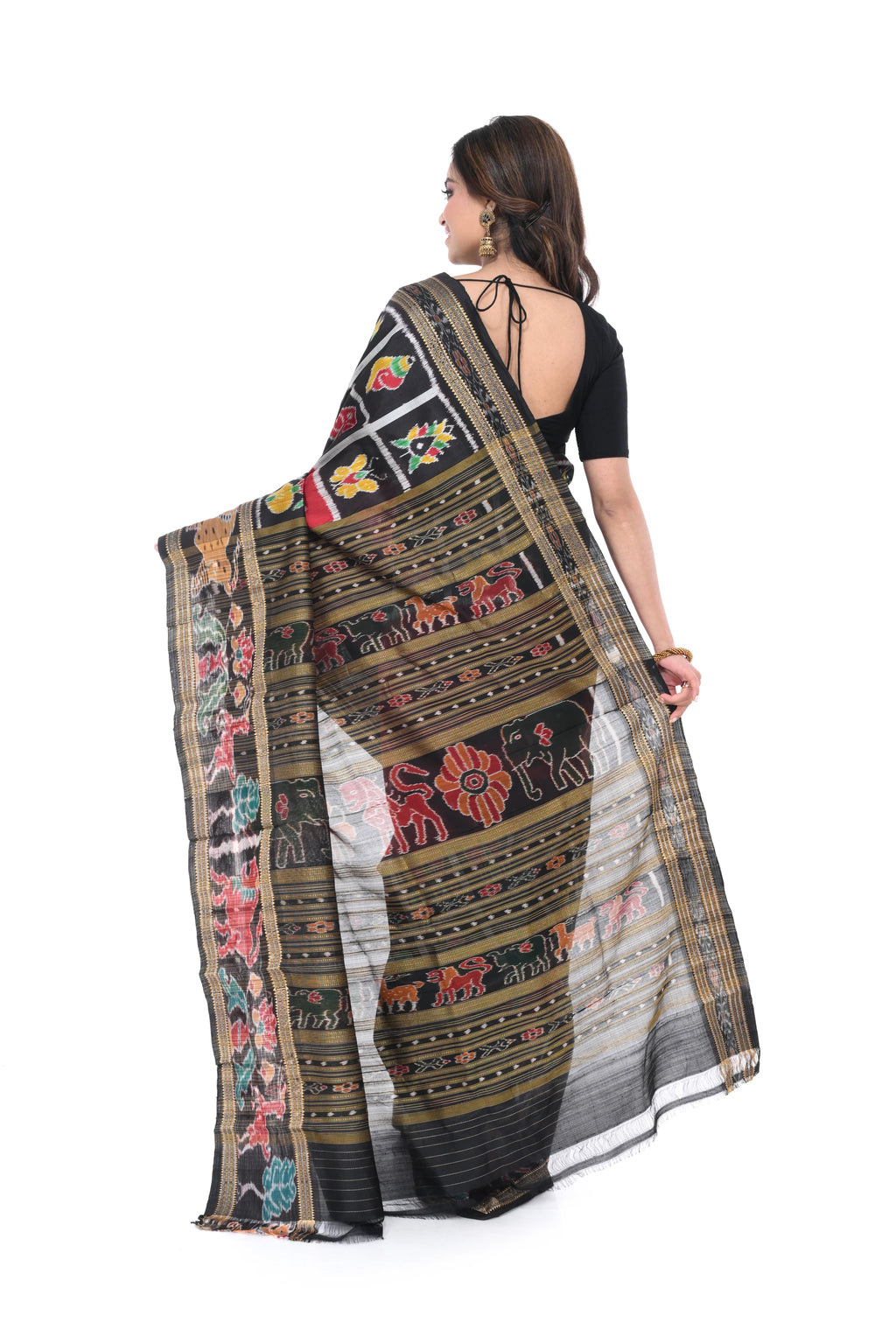 Pure Khandua Silk Saree in Red - Black Combination with Animal Motif Border