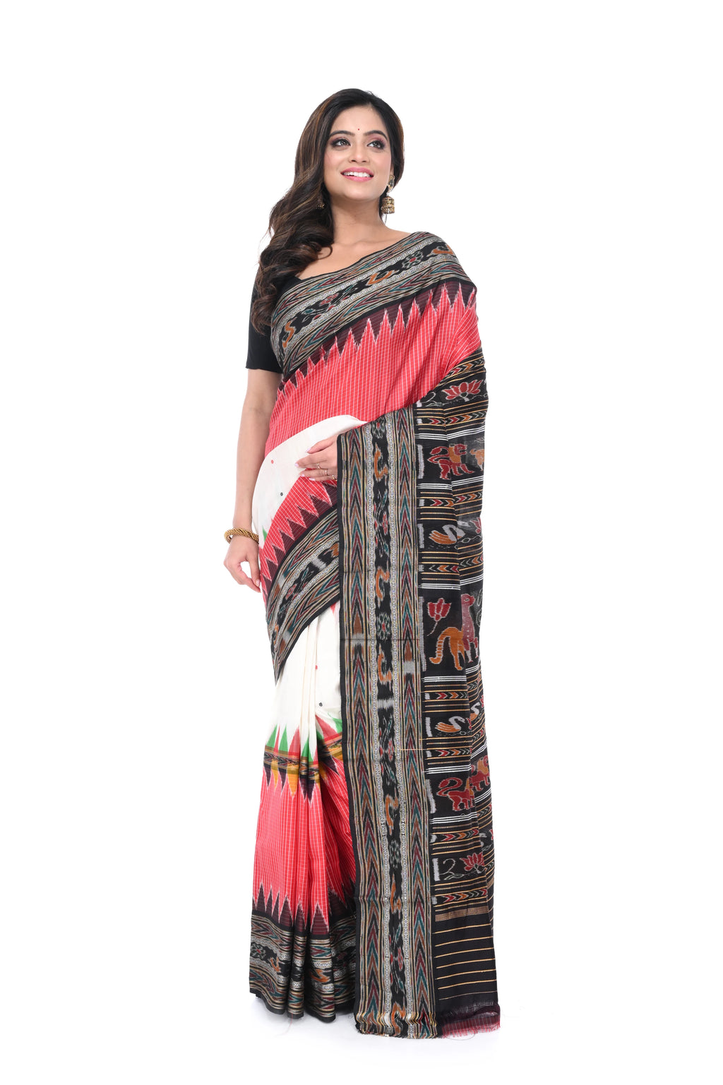 Red - White - Black Khandua Silk Saree with Animal Motif Border