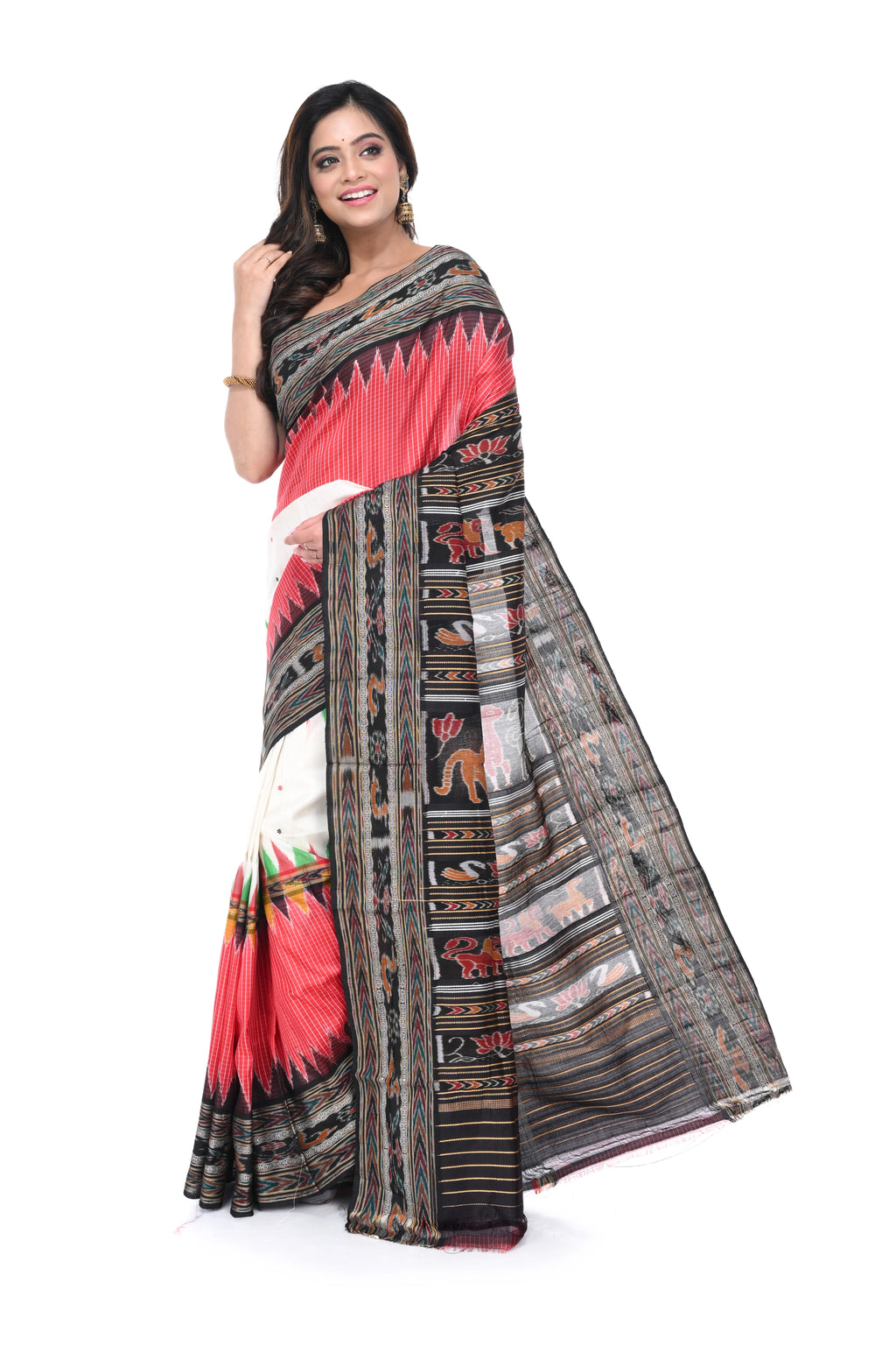 Red - White - Black Khandua Silk Saree with Animal Motif Border