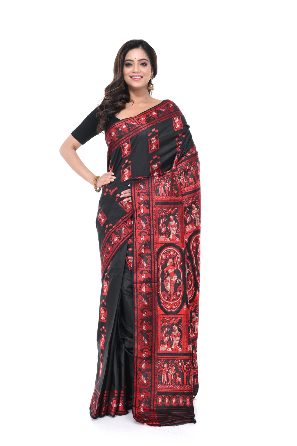 Pure Black & Red Baluchori Saree with Heavy Pallu