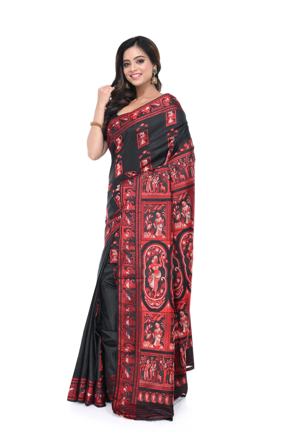 Pure Black & Red Baluchori Saree with Heavy Pallu