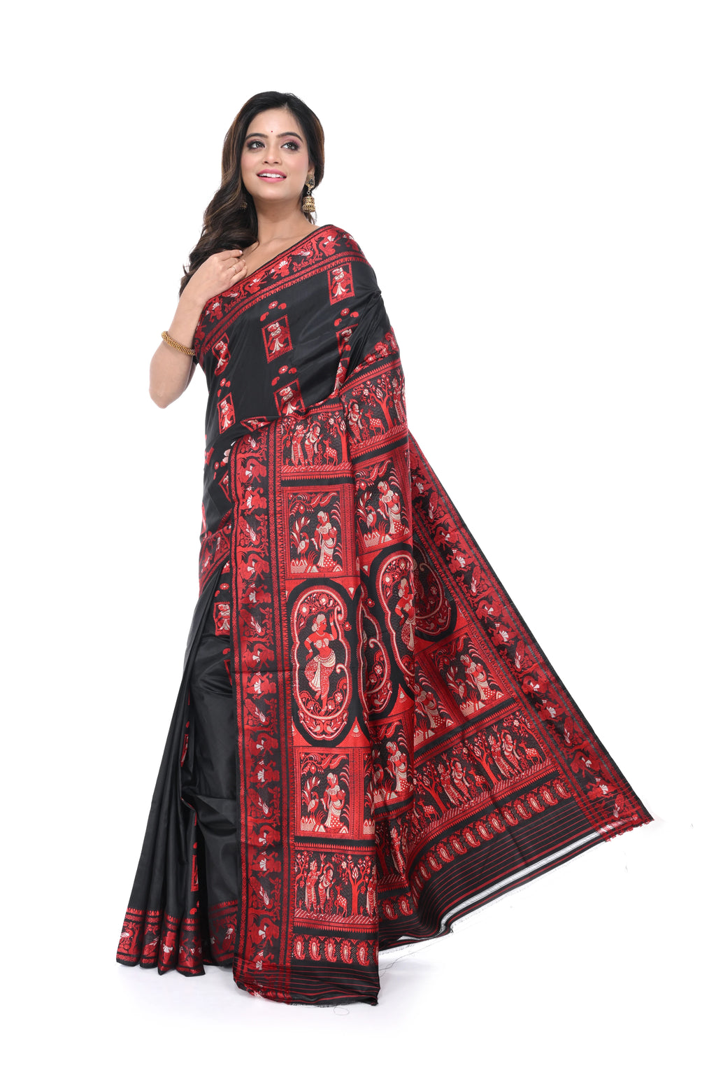 Pure Black & Red Baluchori Saree with Heavy Pallu
