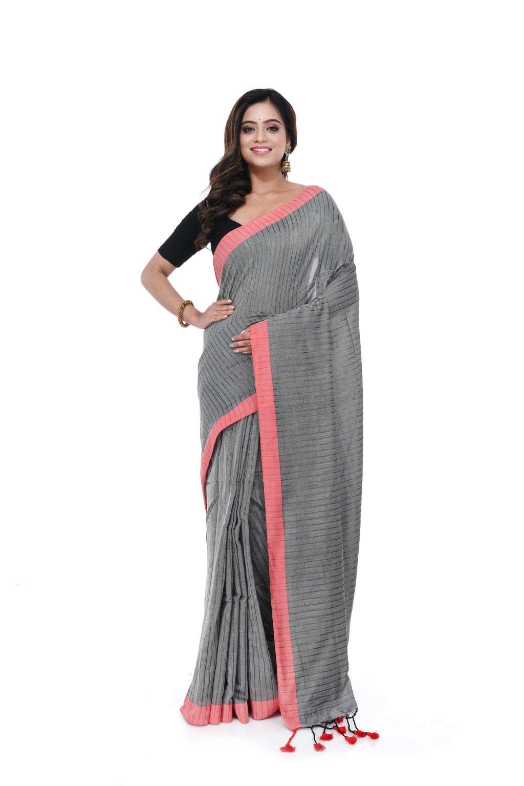 Ash & Red Handloom Cotton Saree