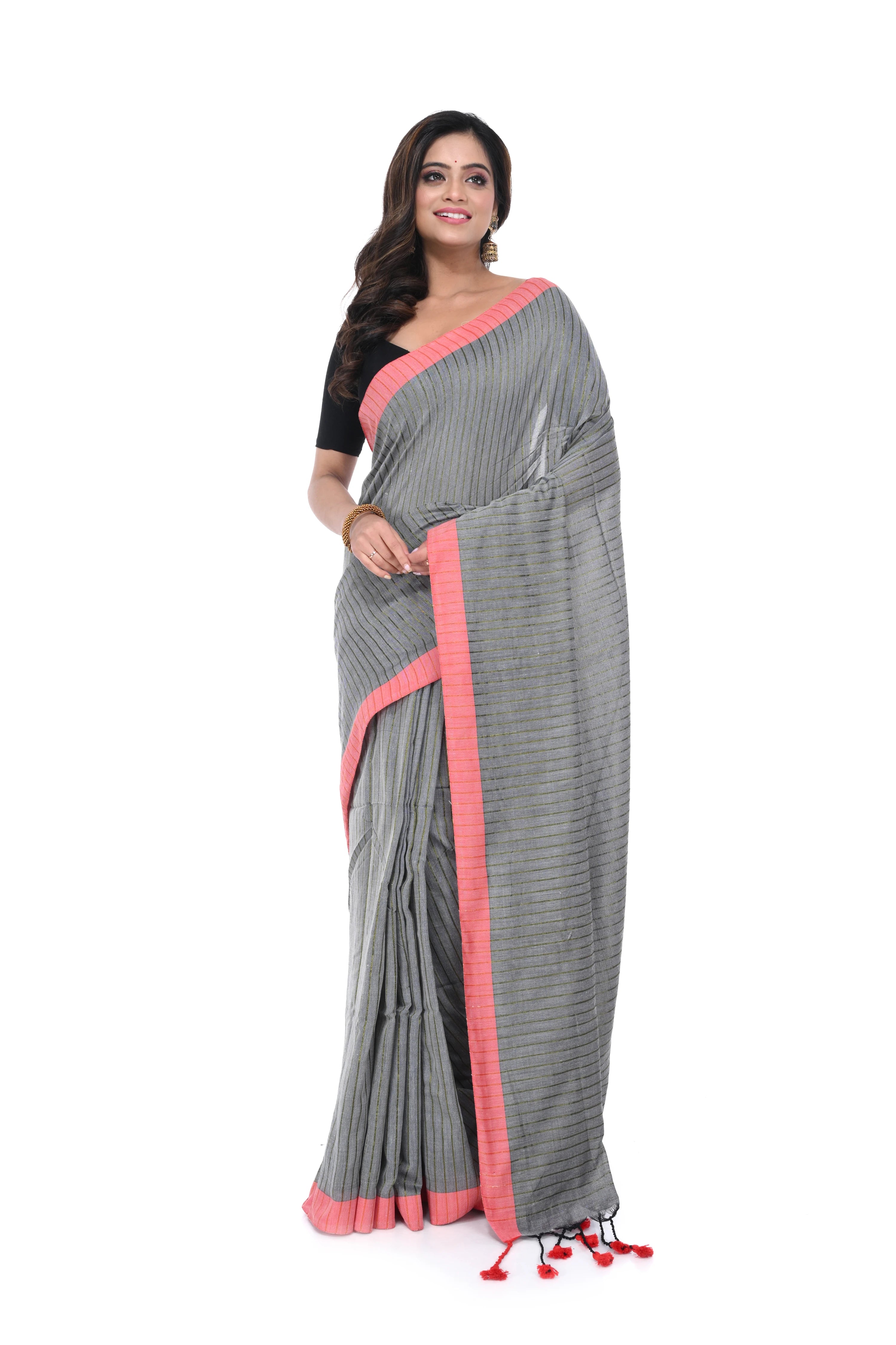 Ash & Red Handloom Cotton Saree
