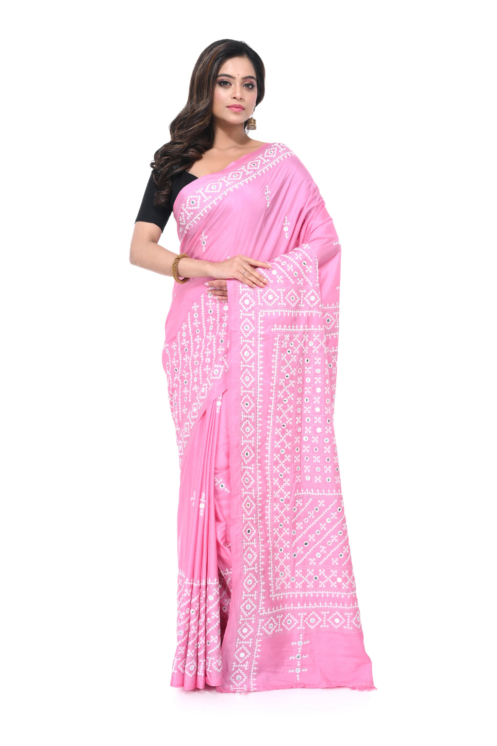 Baby Pink Bangalore Silk Saree with Gujarati Stitch Work