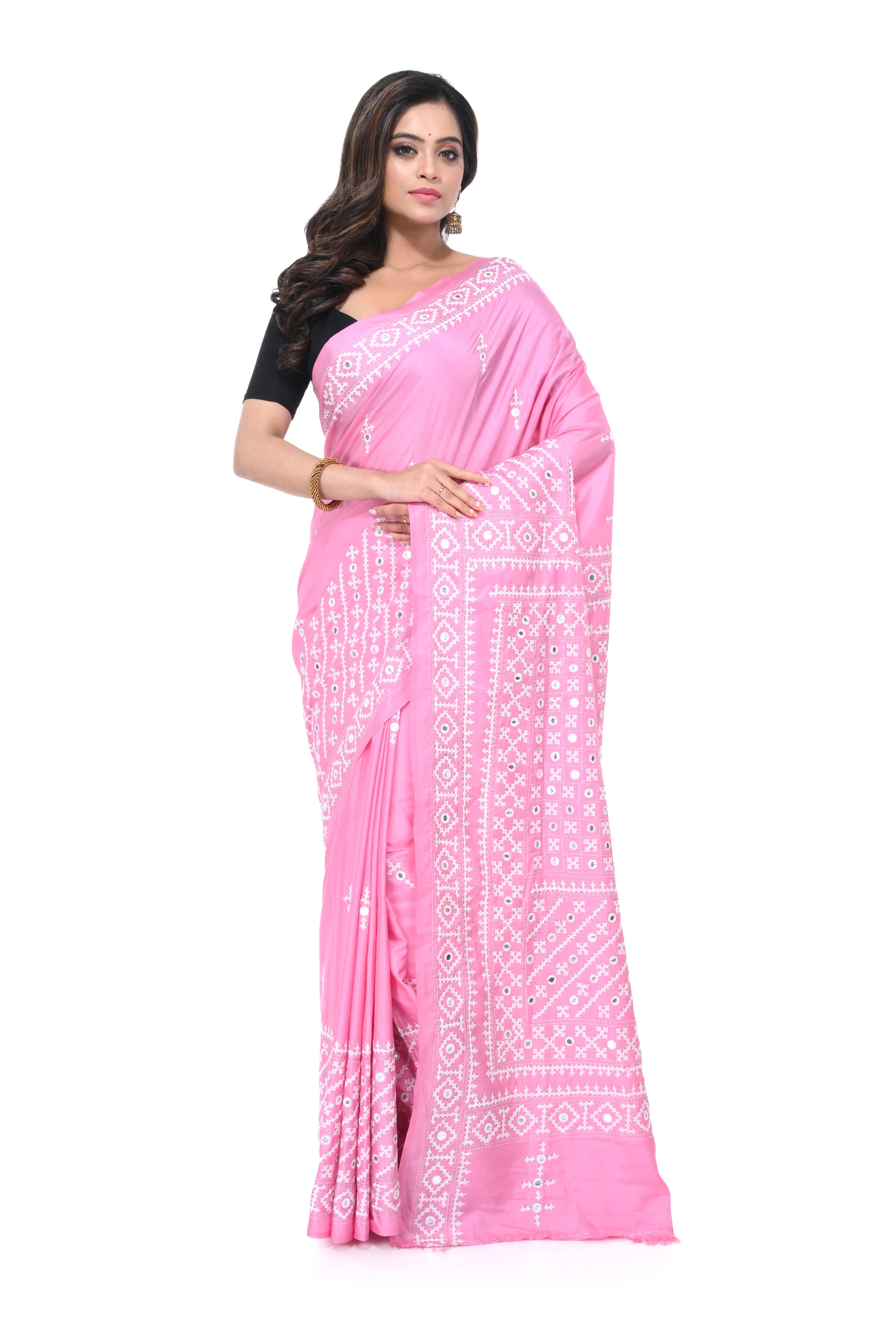 Baby Pink Bangalore Silk Saree with Gujarati Stitch Work