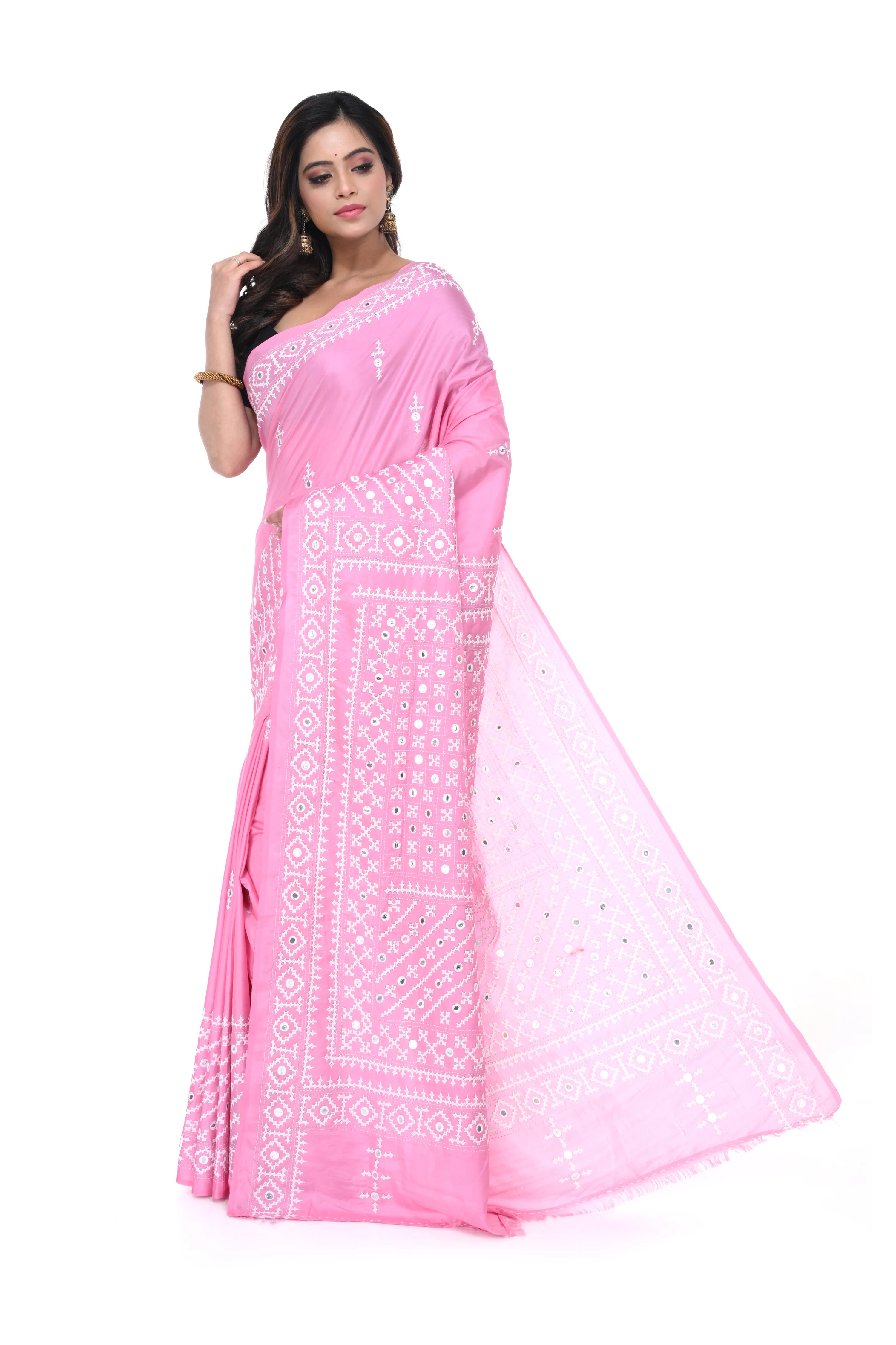 Baby Pink Bangalore Silk Saree with Gujarati Stitch Work