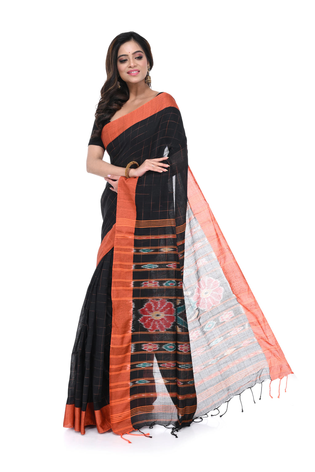 Black Cotton Handloom Saree with Orange Border & Kotki Motif Pallu