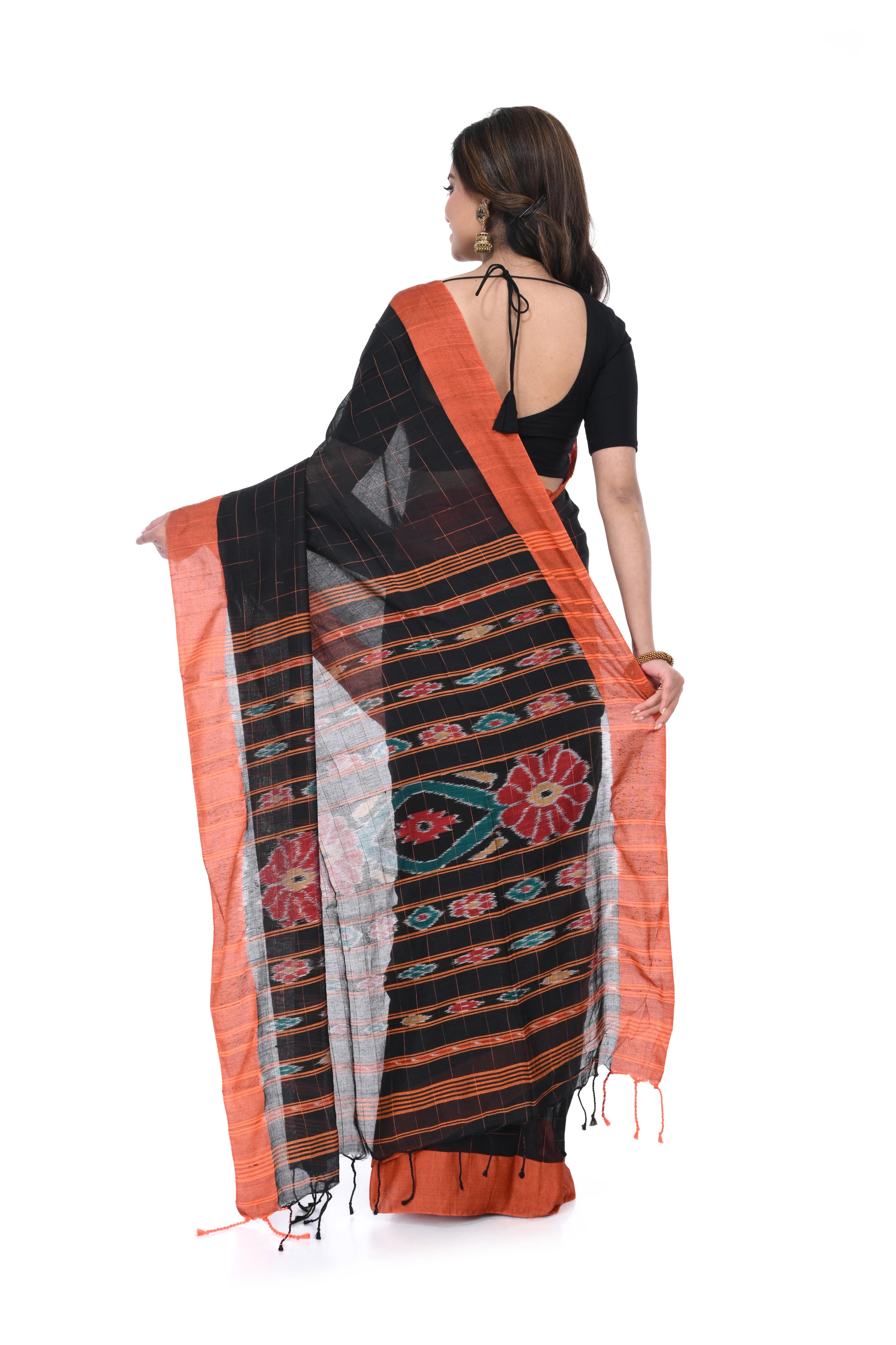 Black Cotton Handloom Saree with Orange Border & Kotki Motif Pallu
