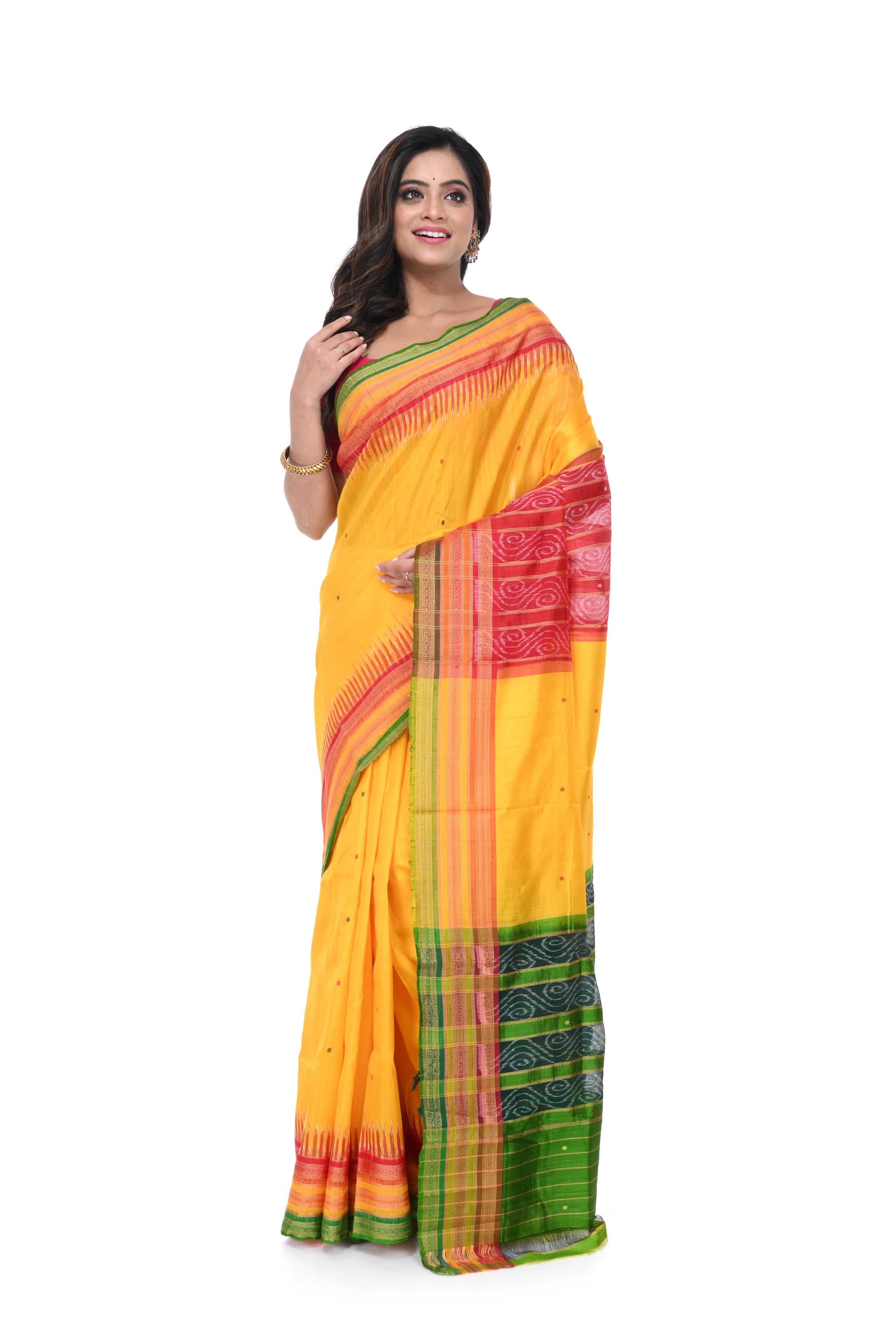 Golden Yellow Khandua Silk Saree with Triple Pallu & Multicolour Border