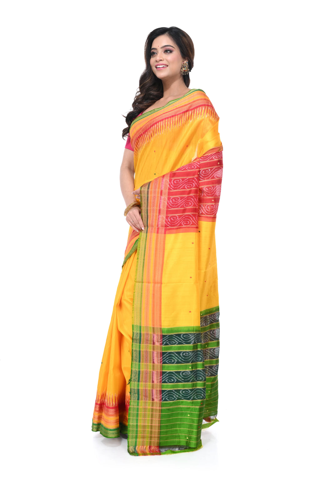 Golden Yellow Khandua Silk Saree with Triple Pallu & Multicolour Border