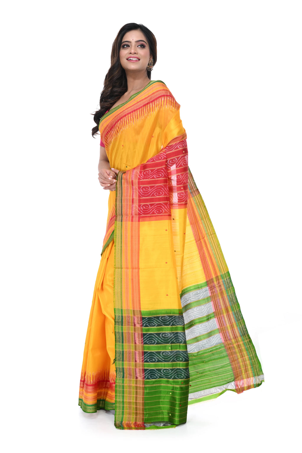 Golden Yellow Khandua Silk Saree with Triple Pallu & Multicolour Border