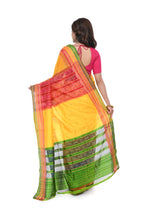 Golden Yellow Khandua Silk Saree with Triple Pallu & Multicolour Border