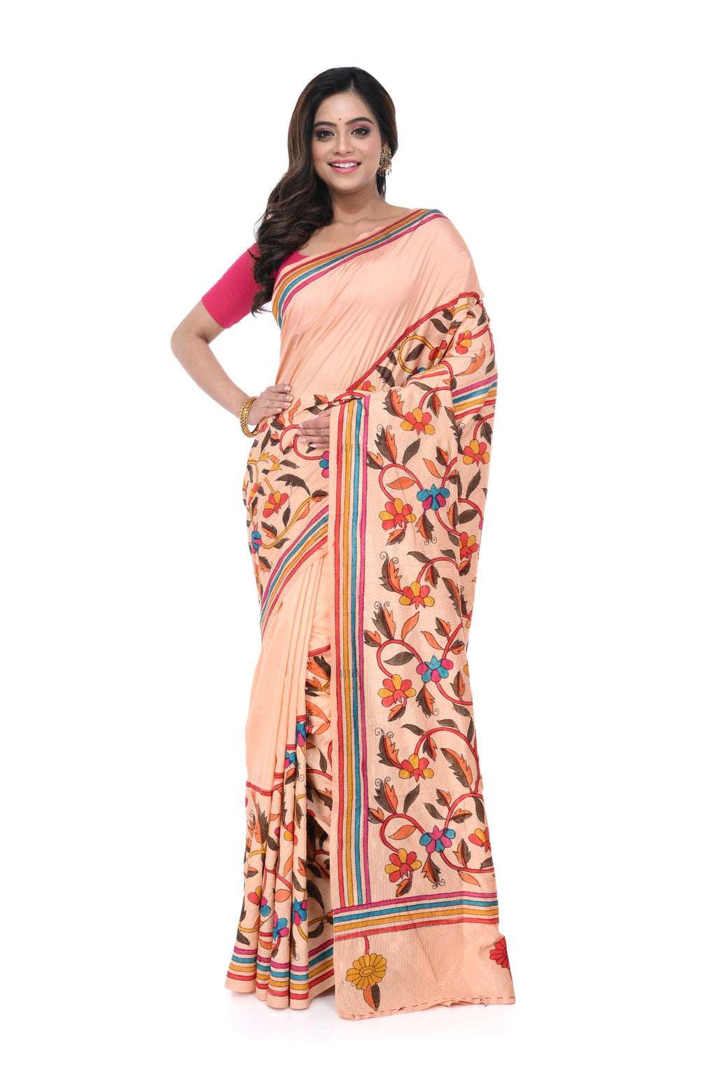 Peach Art Silk Saree with Corner - to - Corner Kantha Work