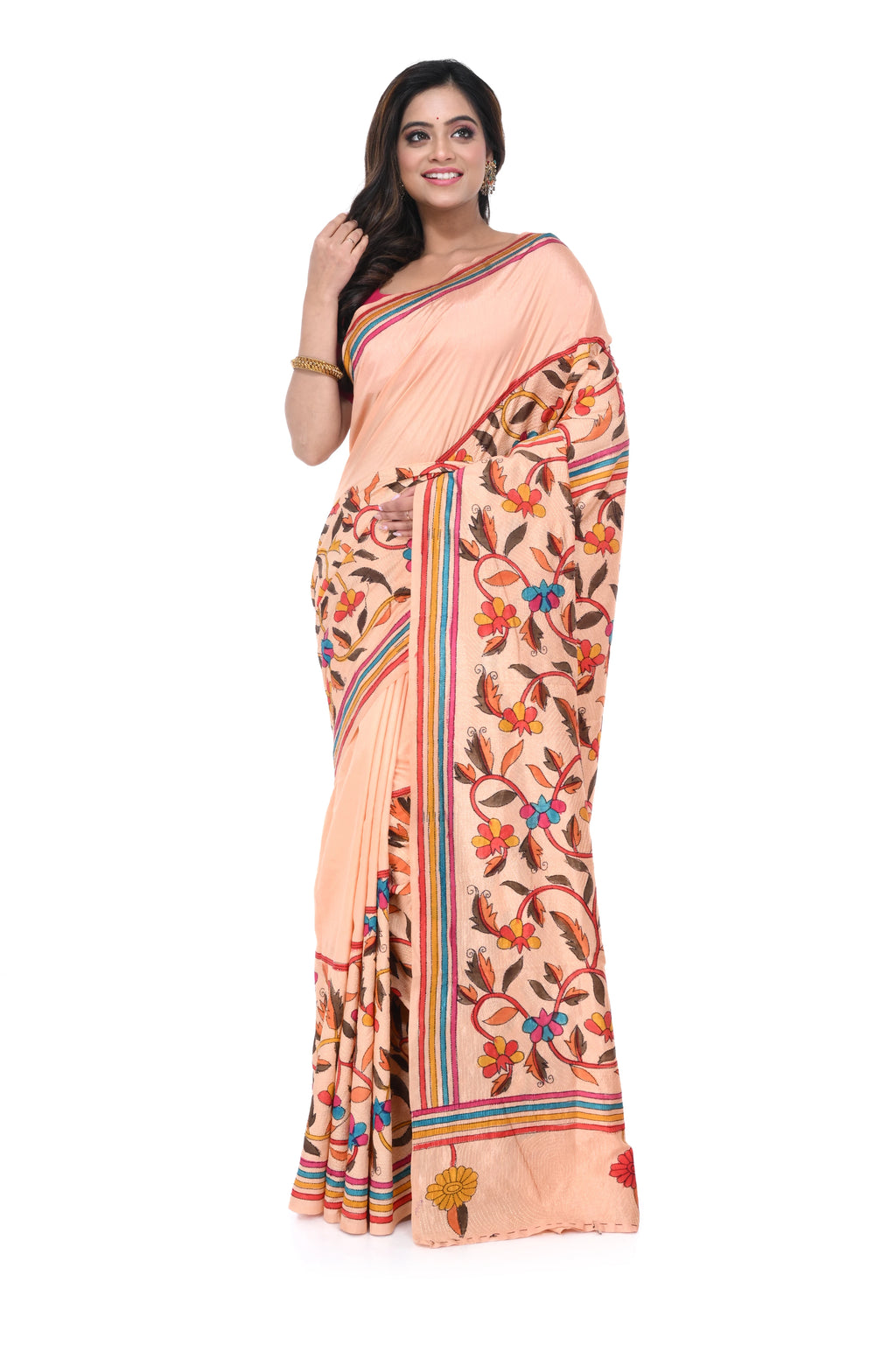 Peach Art Silk Saree with Corner - to - Corner Kantha Work