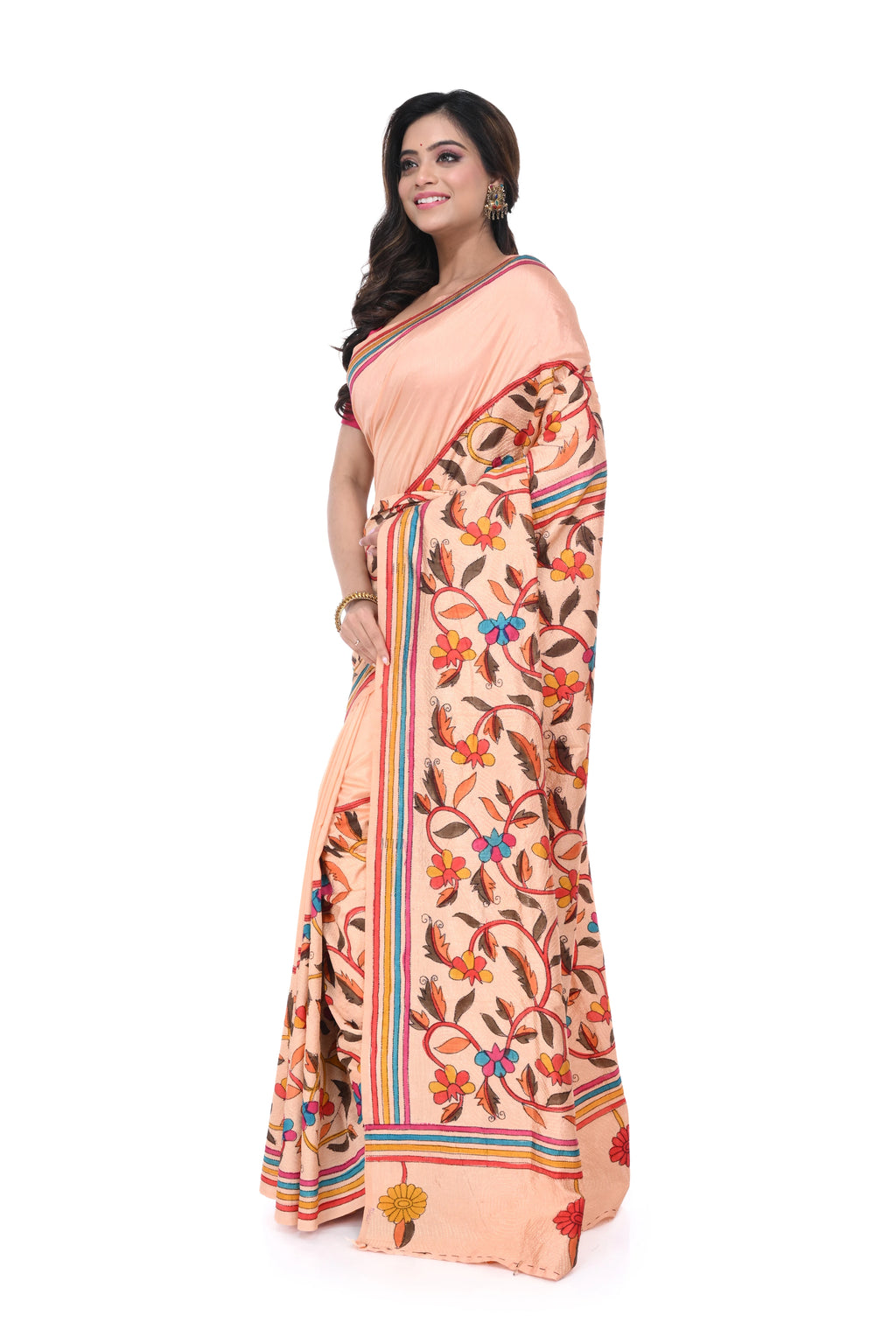 Peach Art Silk Saree with Corner - to - Corner Kantha Work