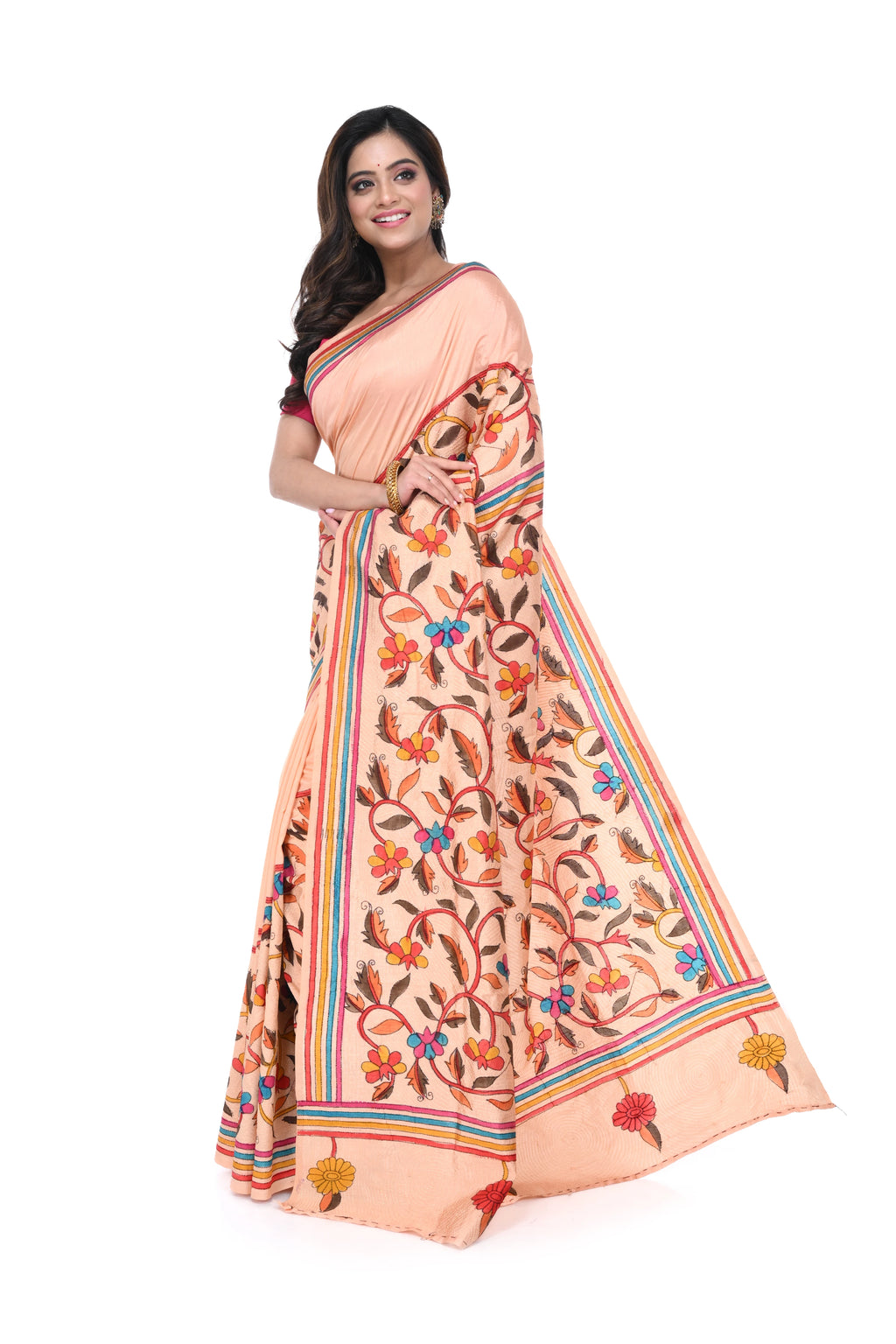 Peach Art Silk Saree with Corner - to - Corner Kantha Work