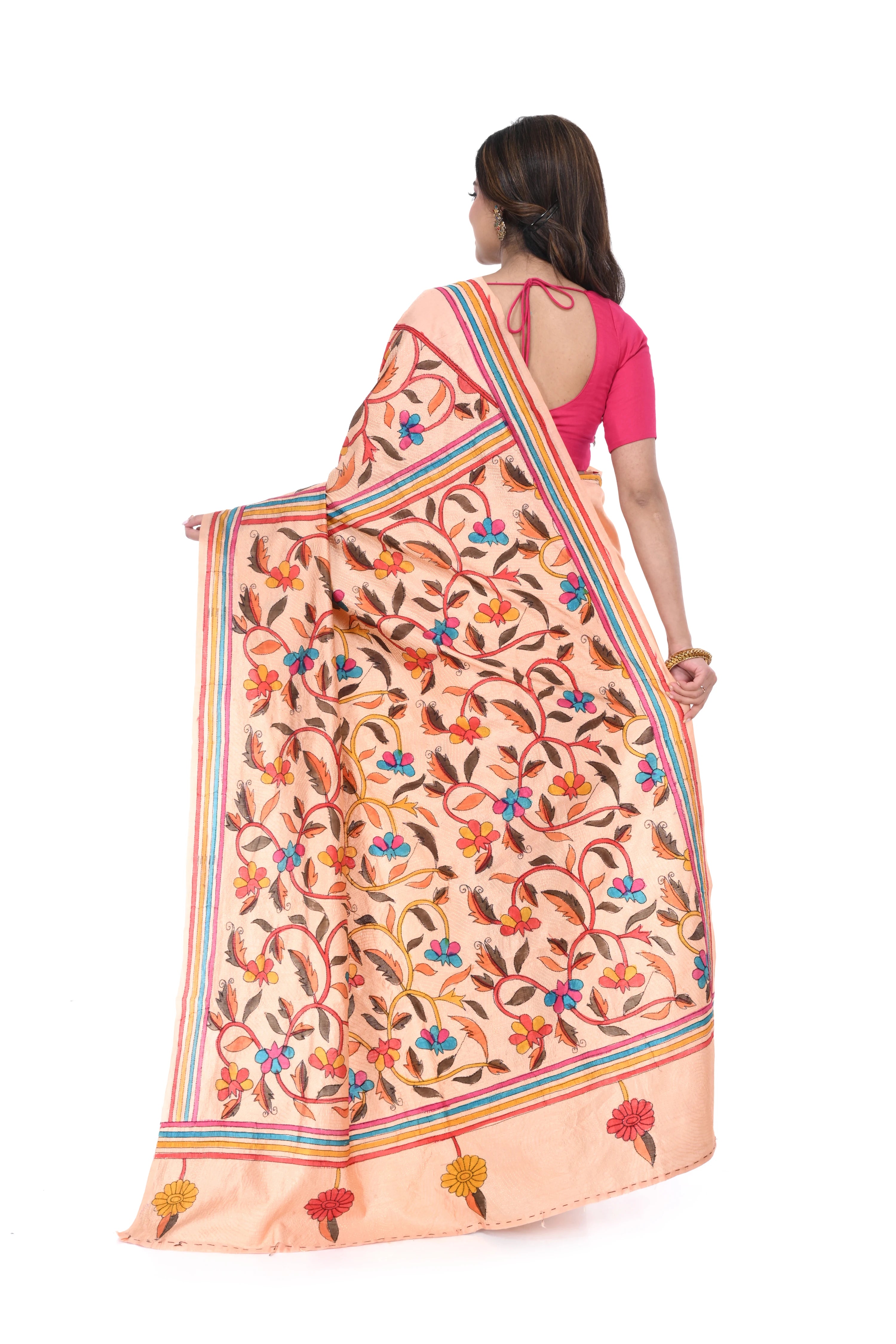 Peach Art Silk Saree with Corner - to - Corner Kantha Work