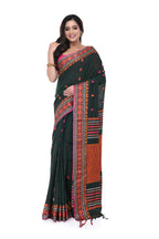 Deep Green Handloom Saree with Orange Border & Body Buta
