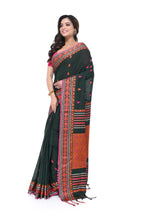 Deep Green Handloom Saree with Orange Border & Body Buta