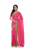 Red Handloom Saree with Green Border & Pompom Pallu