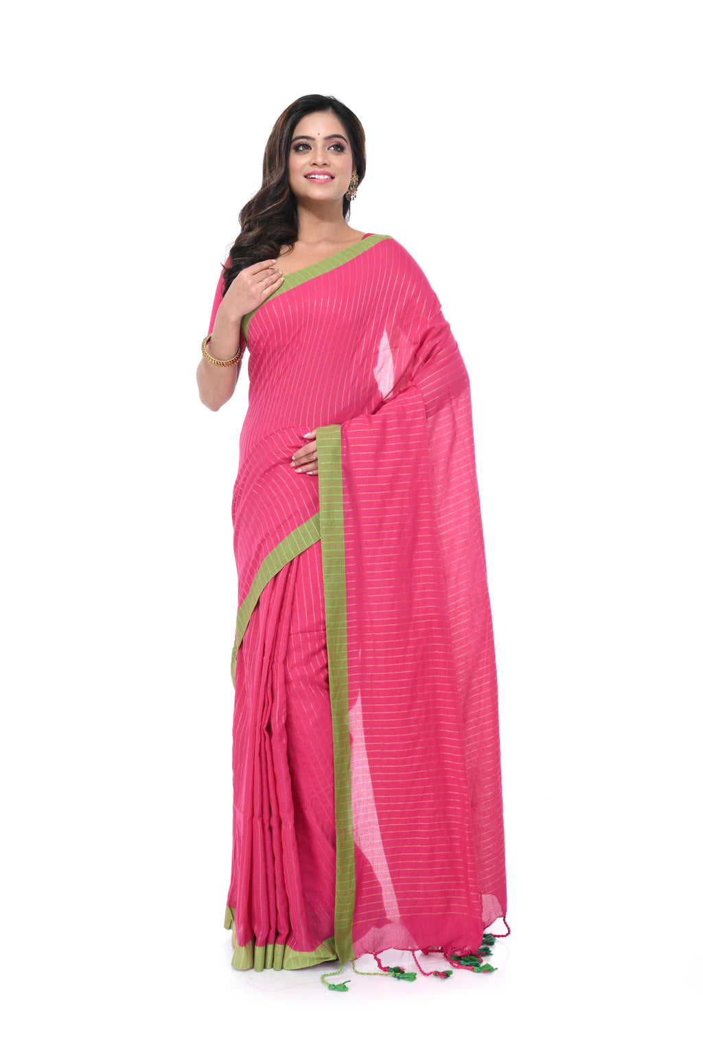 Red Handloom Saree with Green Border & Pompom Pallu