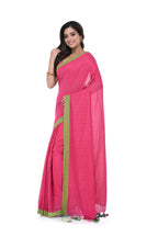 Red Handloom Saree with Green Border & Pompom Pallu